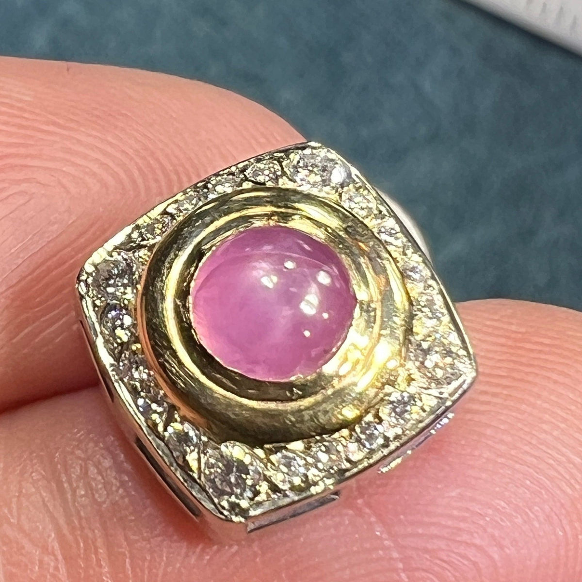 14k Gold Pink Star Sapphire Ruby Pendant w Diamond Halo *Video* B