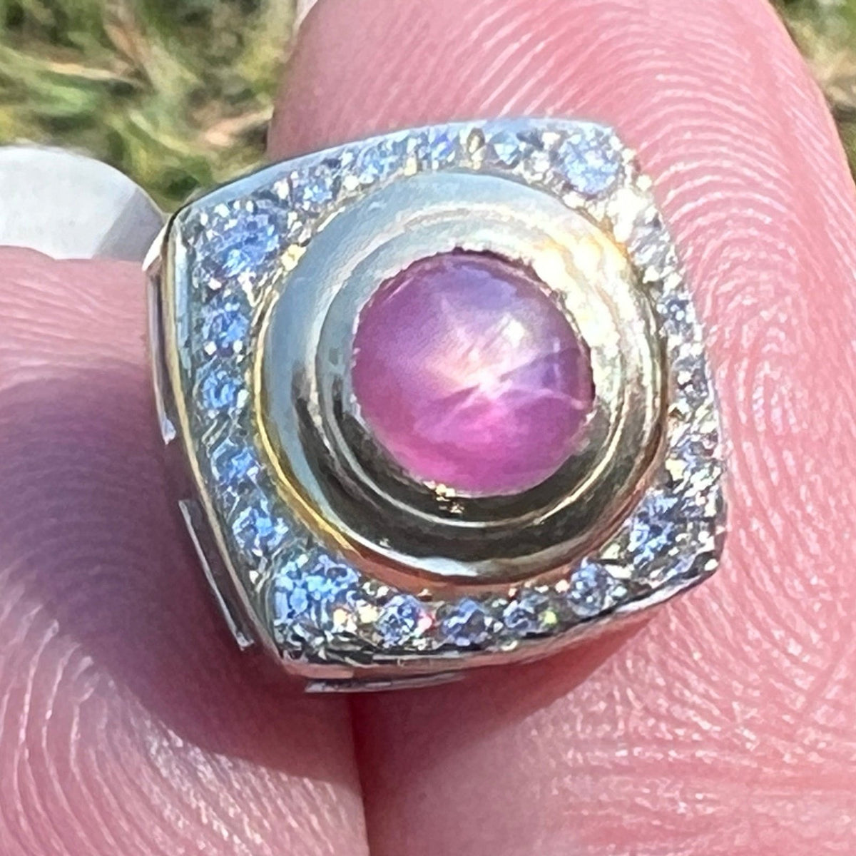 14k Gold Pink Star Sapphire Ruby Pendant w Diamond Halo *Video* B