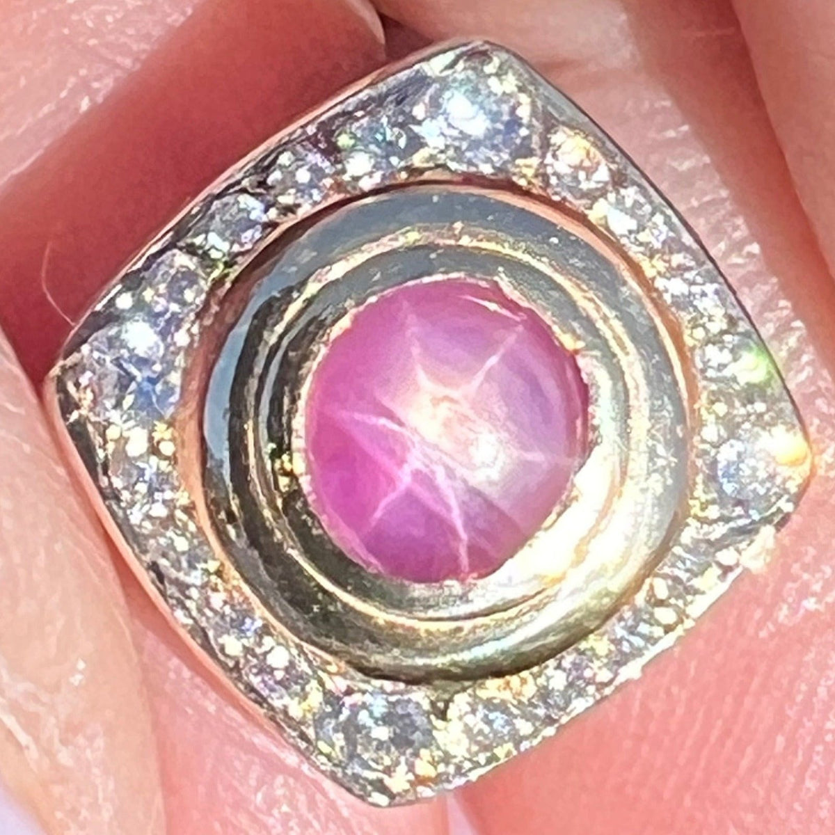 14k Gold Pink Star Sapphire Ruby Pendant w Diamond Halo *Video* B