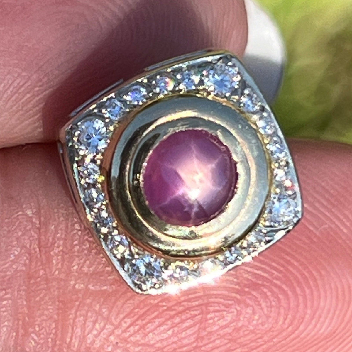 14k Gold Pink Star Sapphire Ruby Pendant w Diamond Halo *Video* B