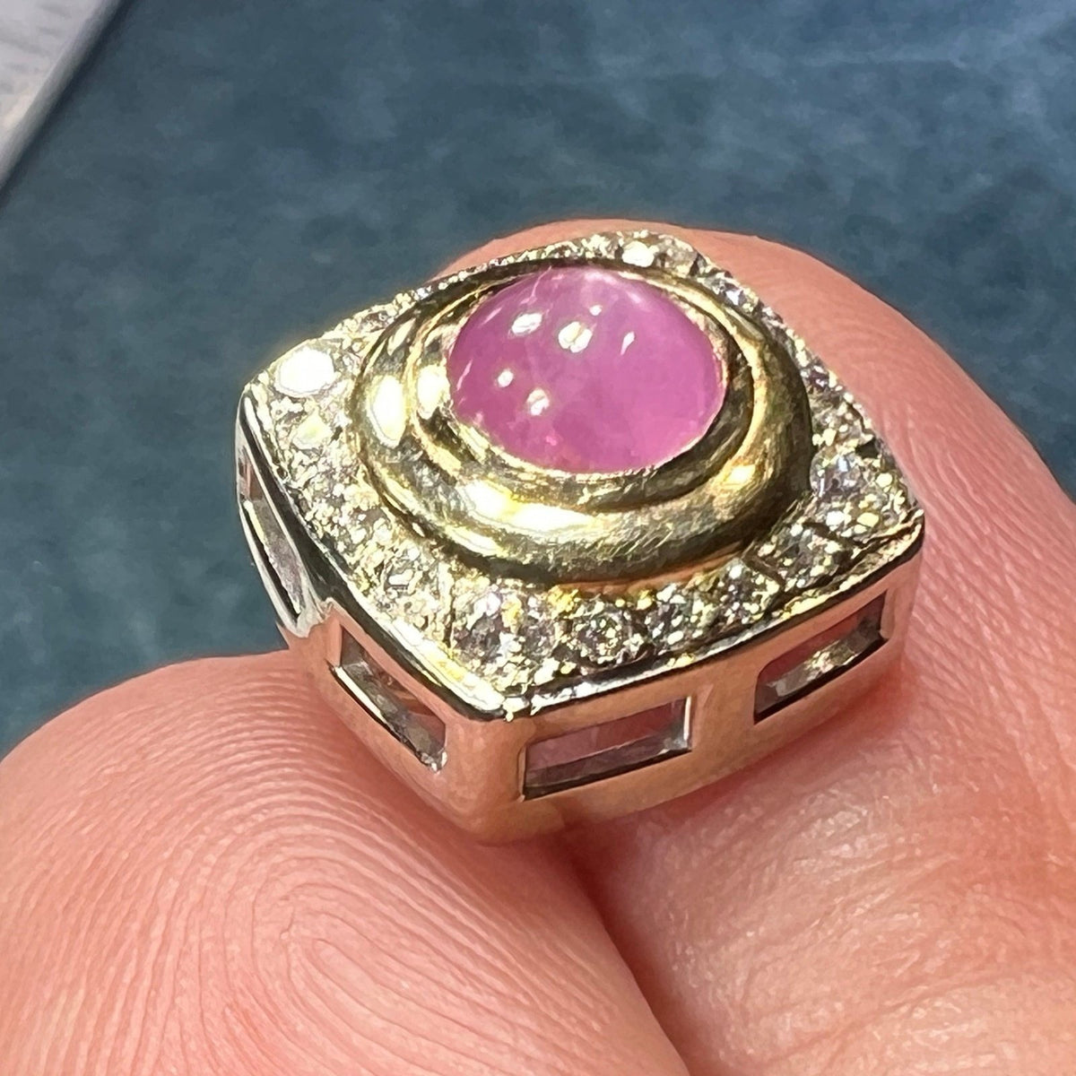 14k Gold Pink Star Sapphire Ruby Pendant w Diamond Halo *Video* B
