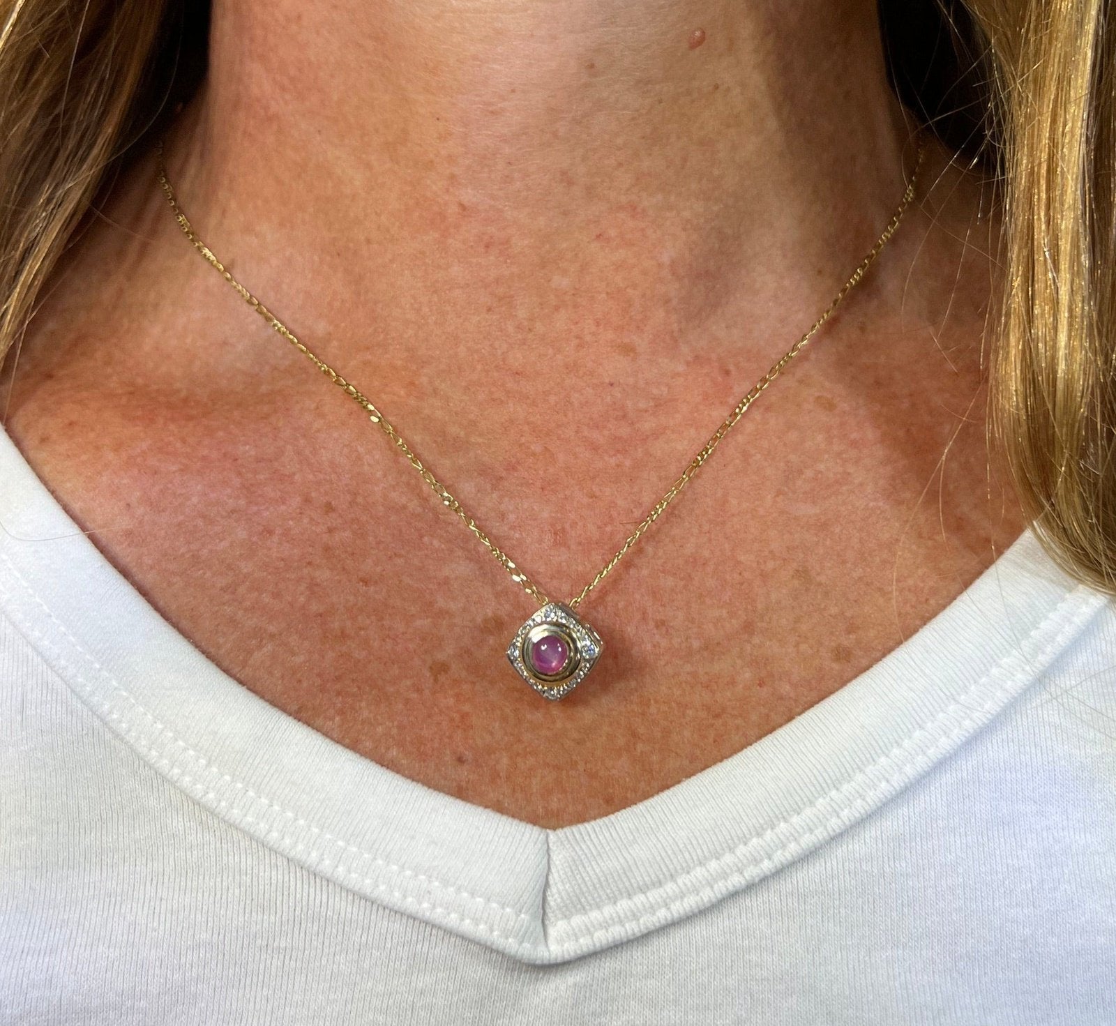 14k Gold Pink Star Sapphire Ruby Pendant w Diamond Halo *Video*