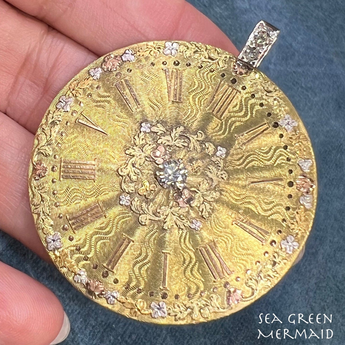 14k Gold Pocket Watch Face Medallion Pendant w Diamonds. 1.8" *Video*