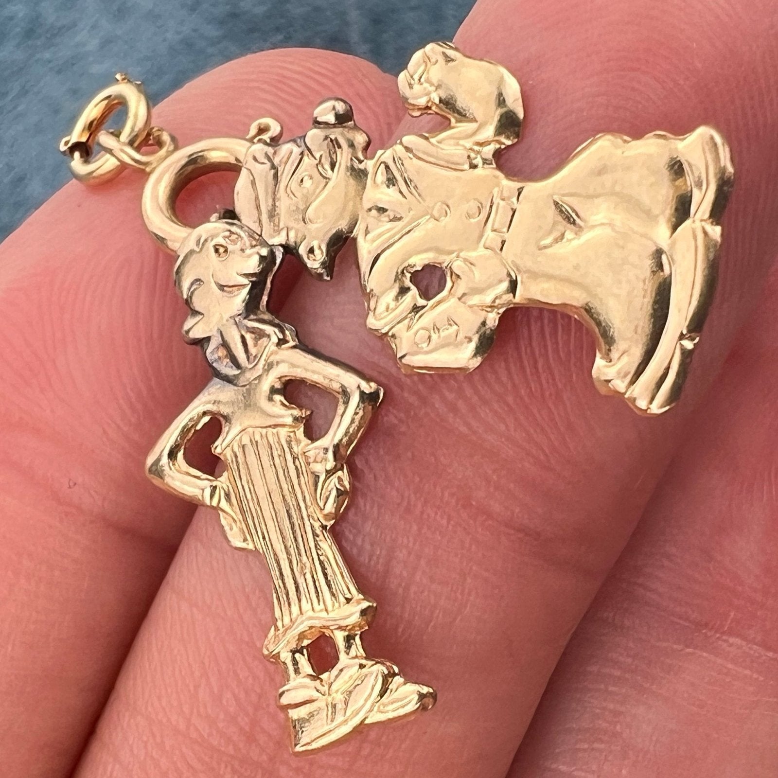 14k Gold Popeye + Olive Oil Pendants. 2 Figures