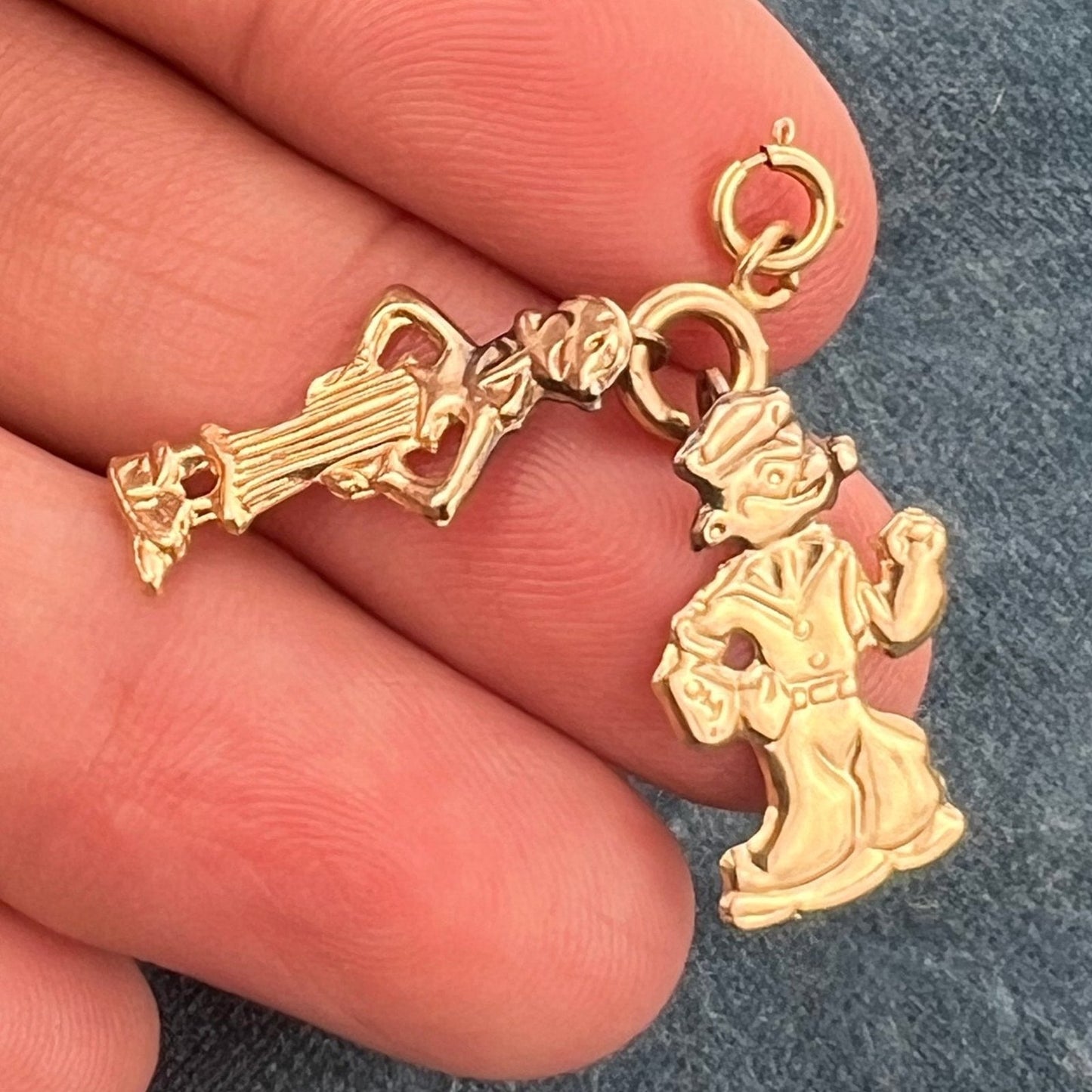 14k Gold Popeye + Olive Oil Pendants. 2 Figures