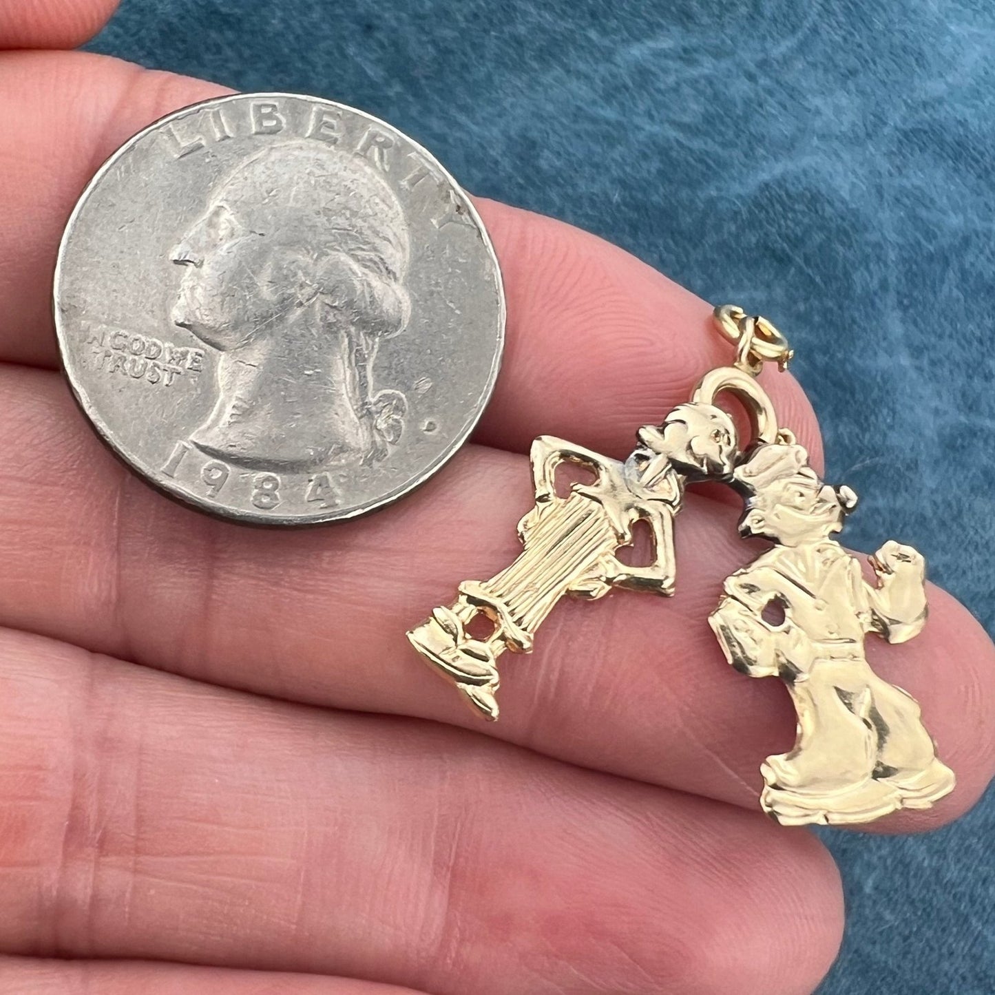 14k Gold Popeye + Olive Oil Pendants. 2 Figures