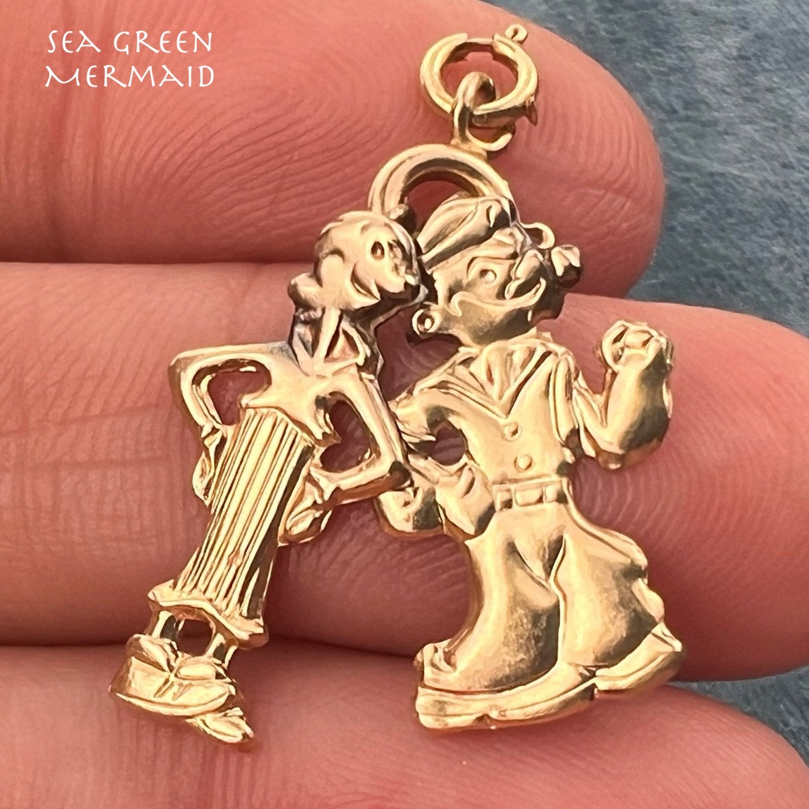 14k Gold Popeye + Olive Oil Pendants. 2 Figures