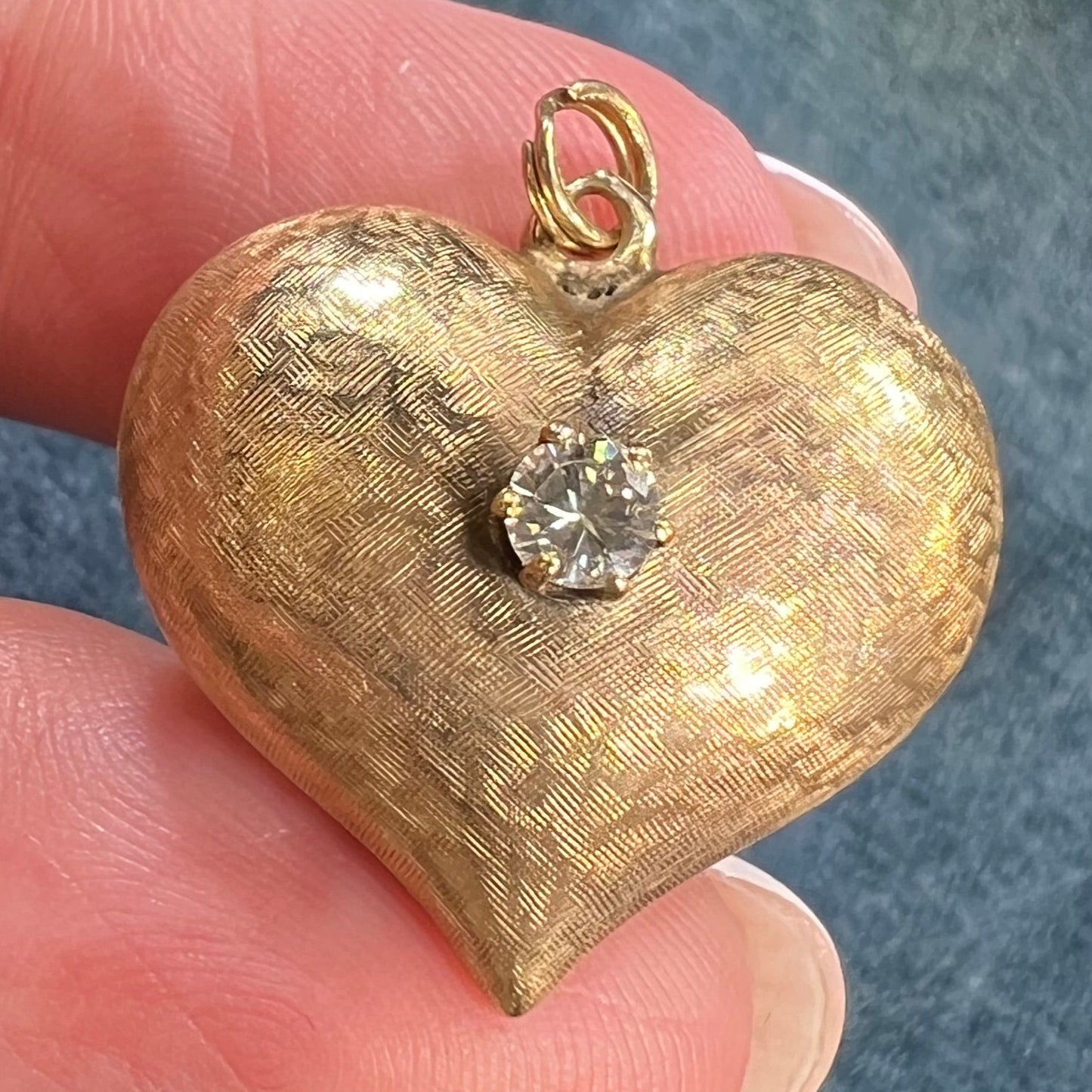 14k Gold Puffy HEART Pendant w Rose-Cut Diamond. Large 1" *Video*