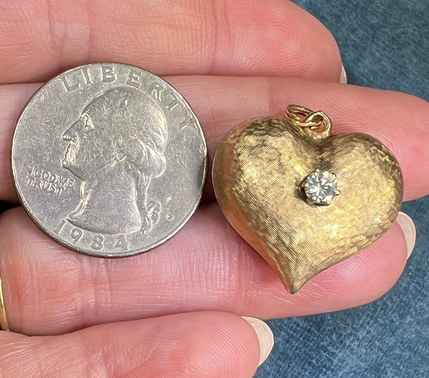 14k Gold Puffy HEART Pendant w Rose-Cut Diamond. Large 1" *Video*