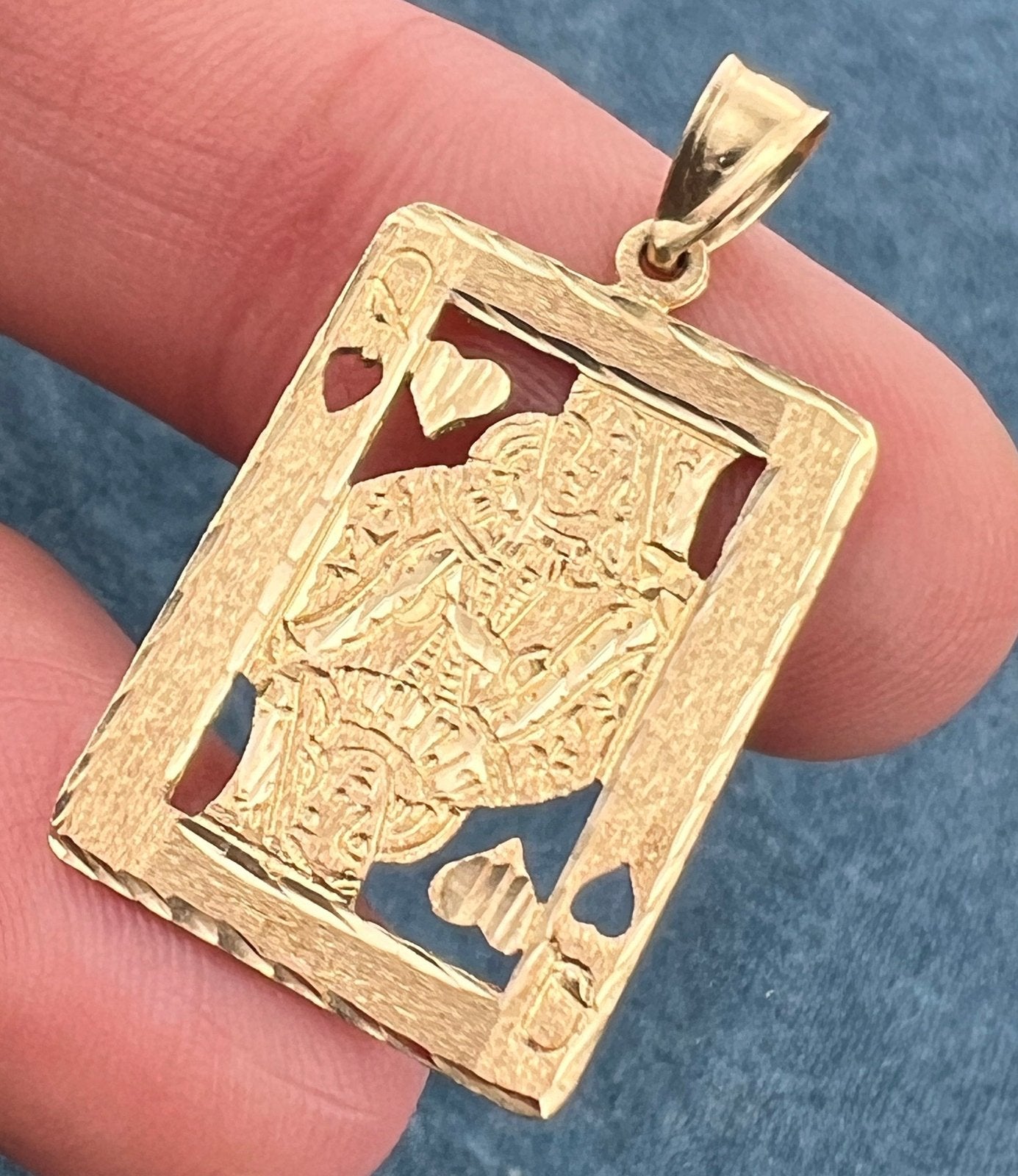 14k Gold Queen of Hearts Cut-Out Playing Card Pendant. 1.25"