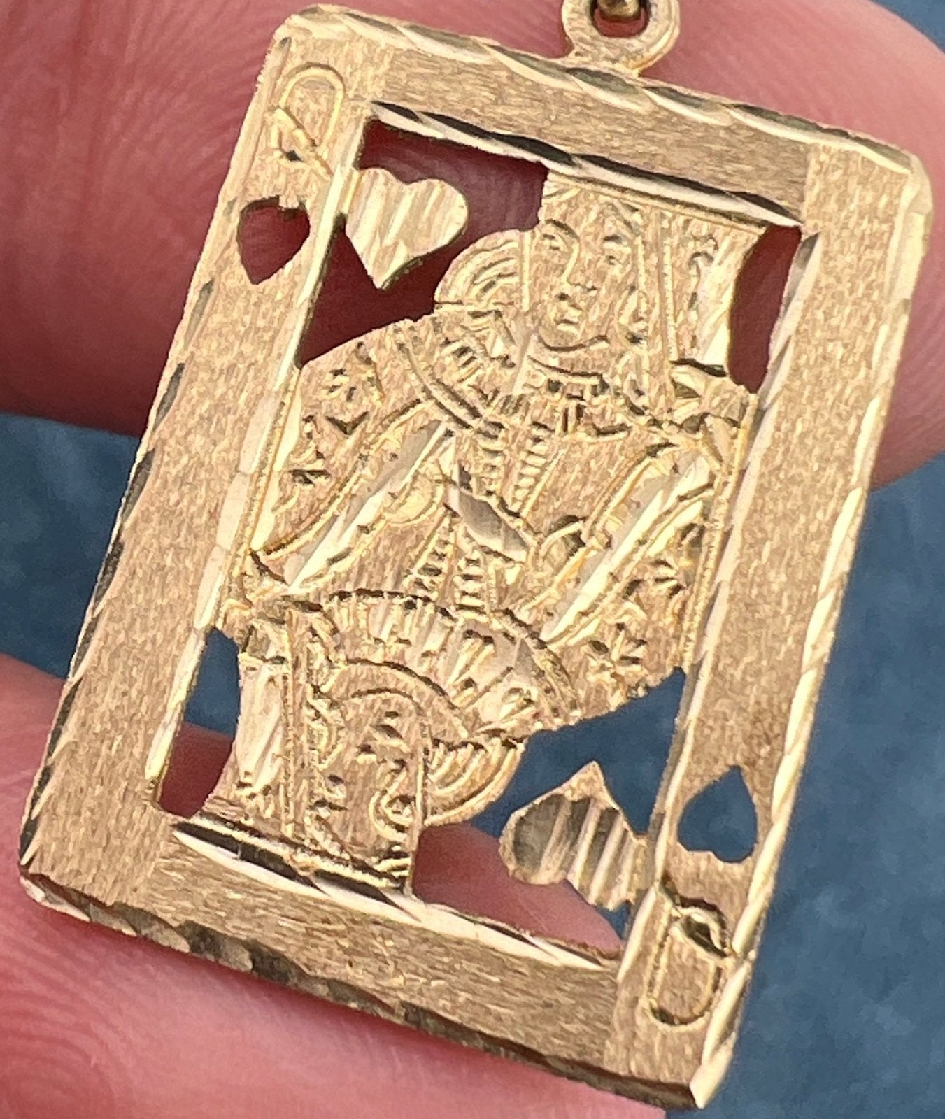 14k Gold Queen of Hearts Cut-Out Playing Card Pendant. 1.25"