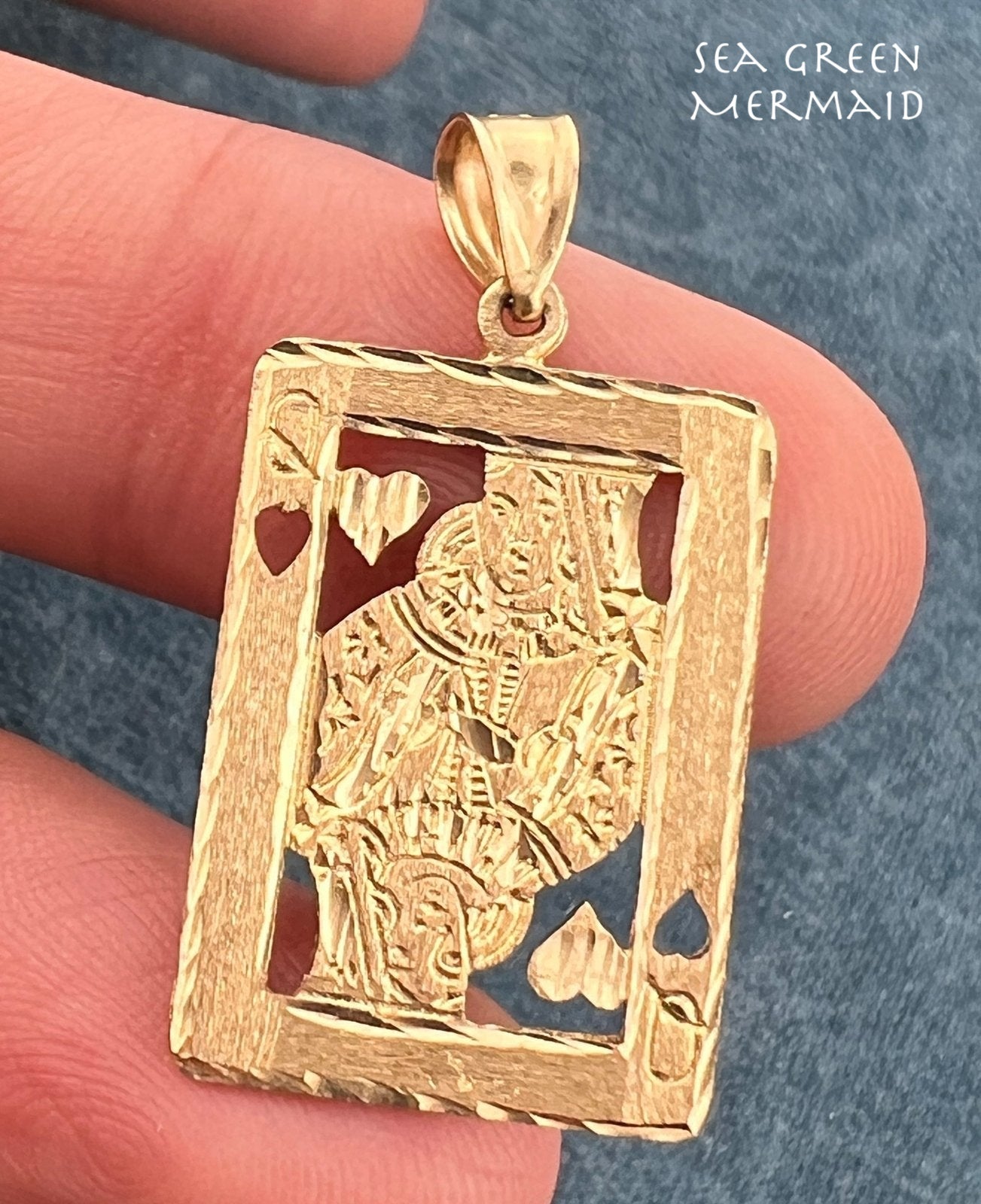 14k Gold Queen of Hearts Cut-Out Playing Card Pendant. 1.25"