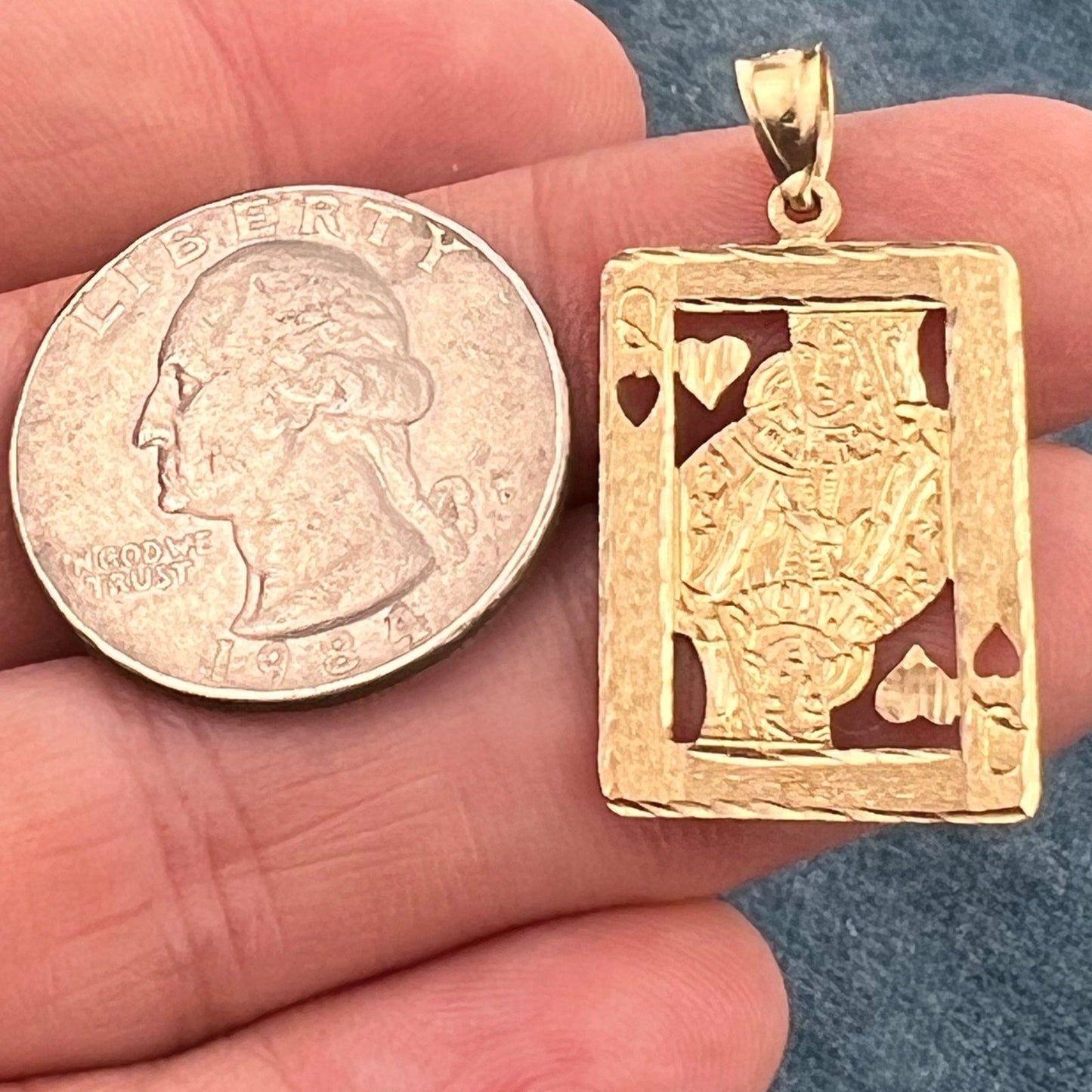 14k Gold Queen of Hearts Cut-Out Playing Card Pendant. 1.25"