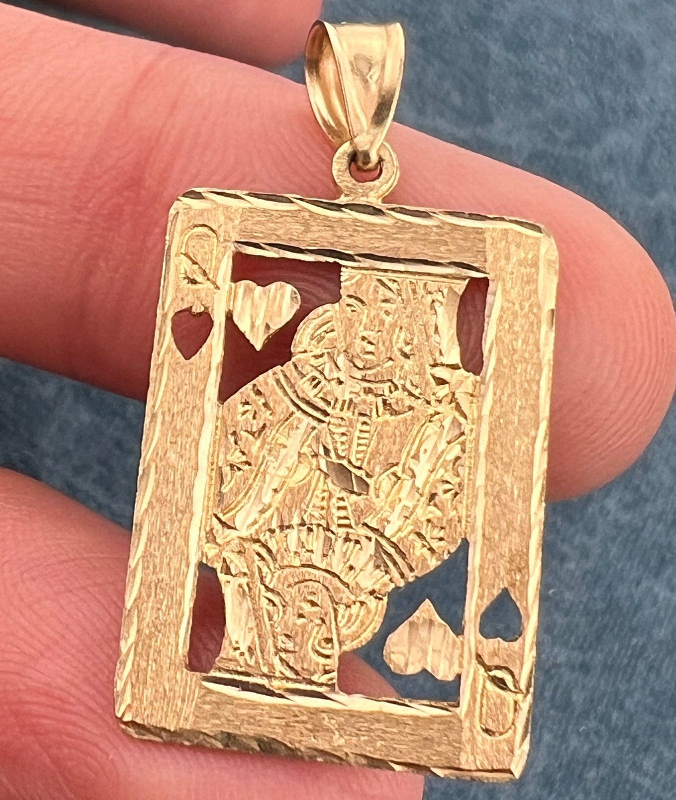 14k Gold Queen of Hearts Cut-Out Playing Card Pendant. 1.25"