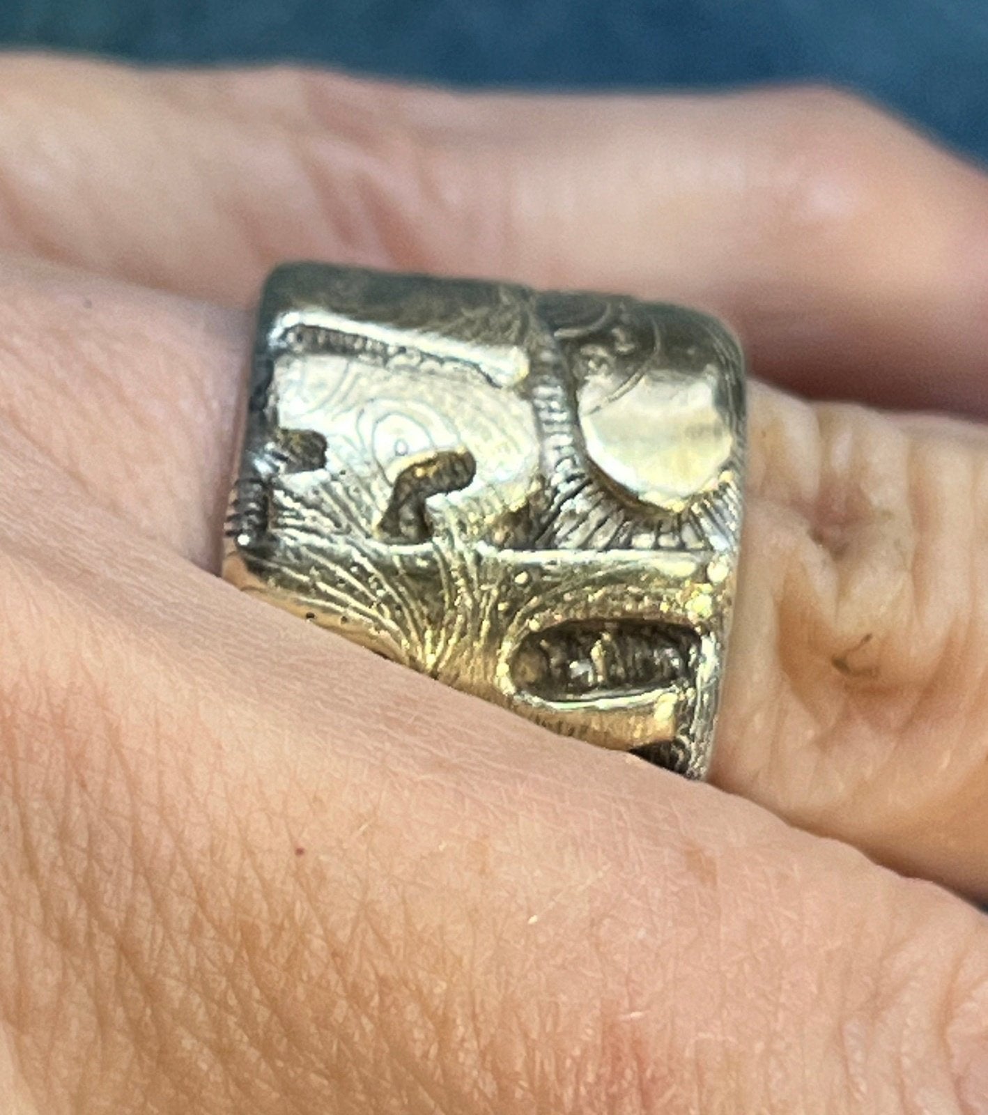 14k Gold RUNES on Silver Wide Artisan Cigar Band Ring. 3/5" + 17g *Video*