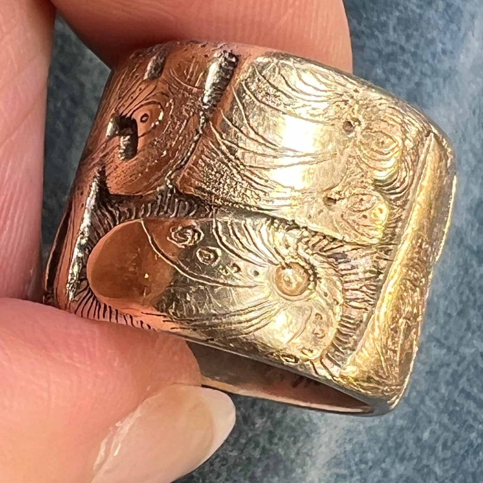 14k Gold RUNES on Silver Wide Artisan Cigar Band Ring. 3/5" + 17g *Video*