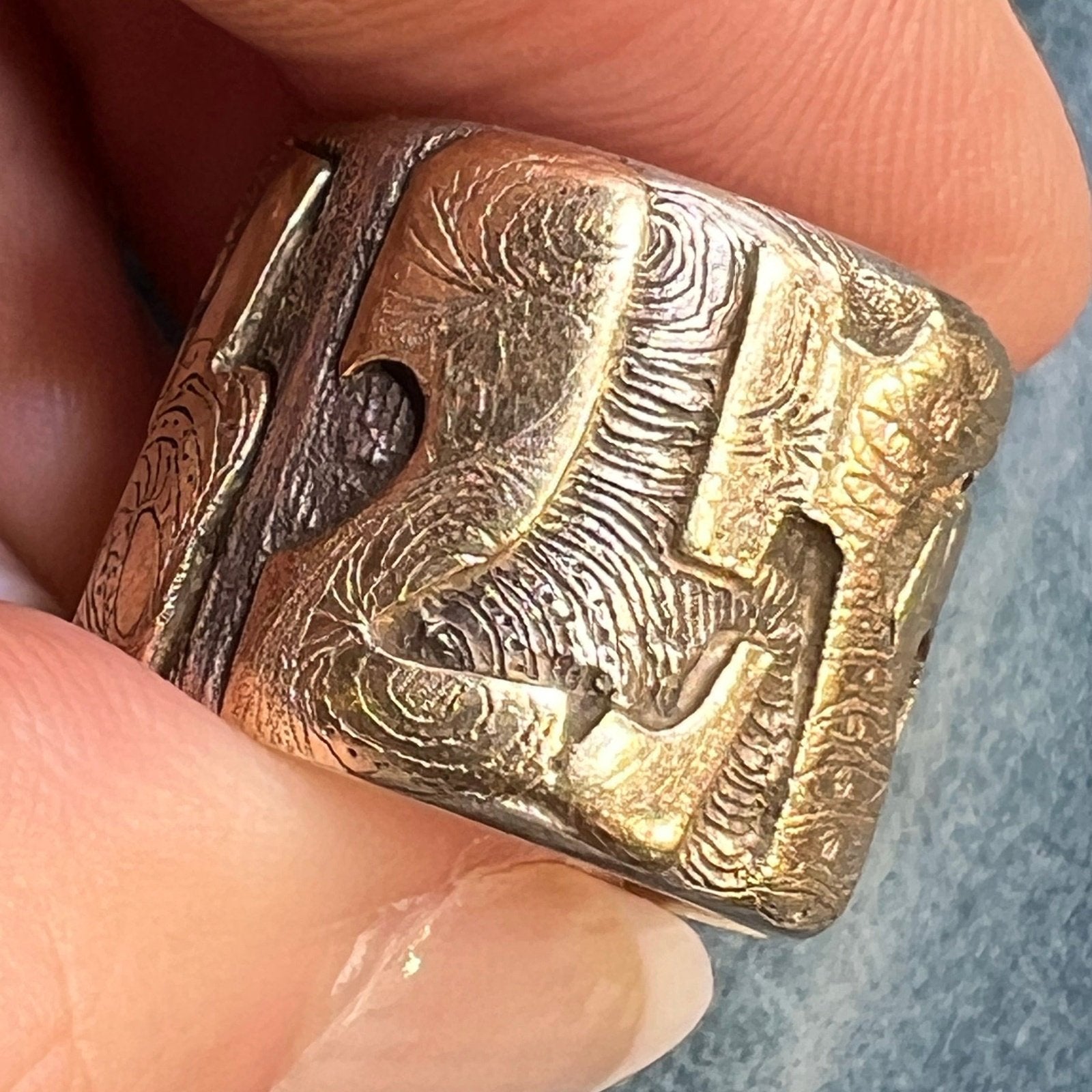 14k Gold RUNES on Silver Wide Artisan Cigar Band Ring. 3/5" + 17g *Video*