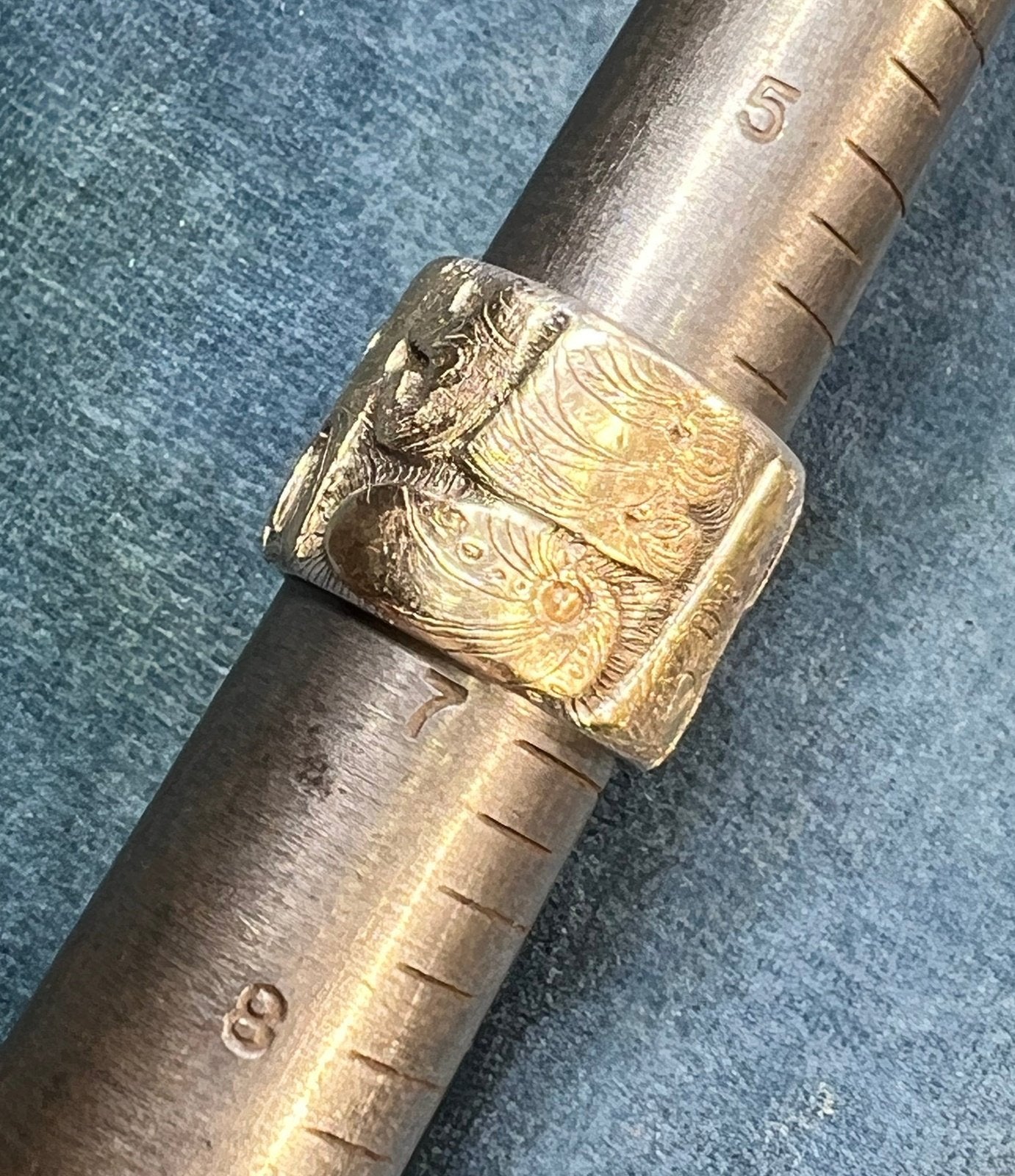 14k Gold RUNES on Silver Wide Artisan Cigar Band Ring. 3/5" + 17g *Video*