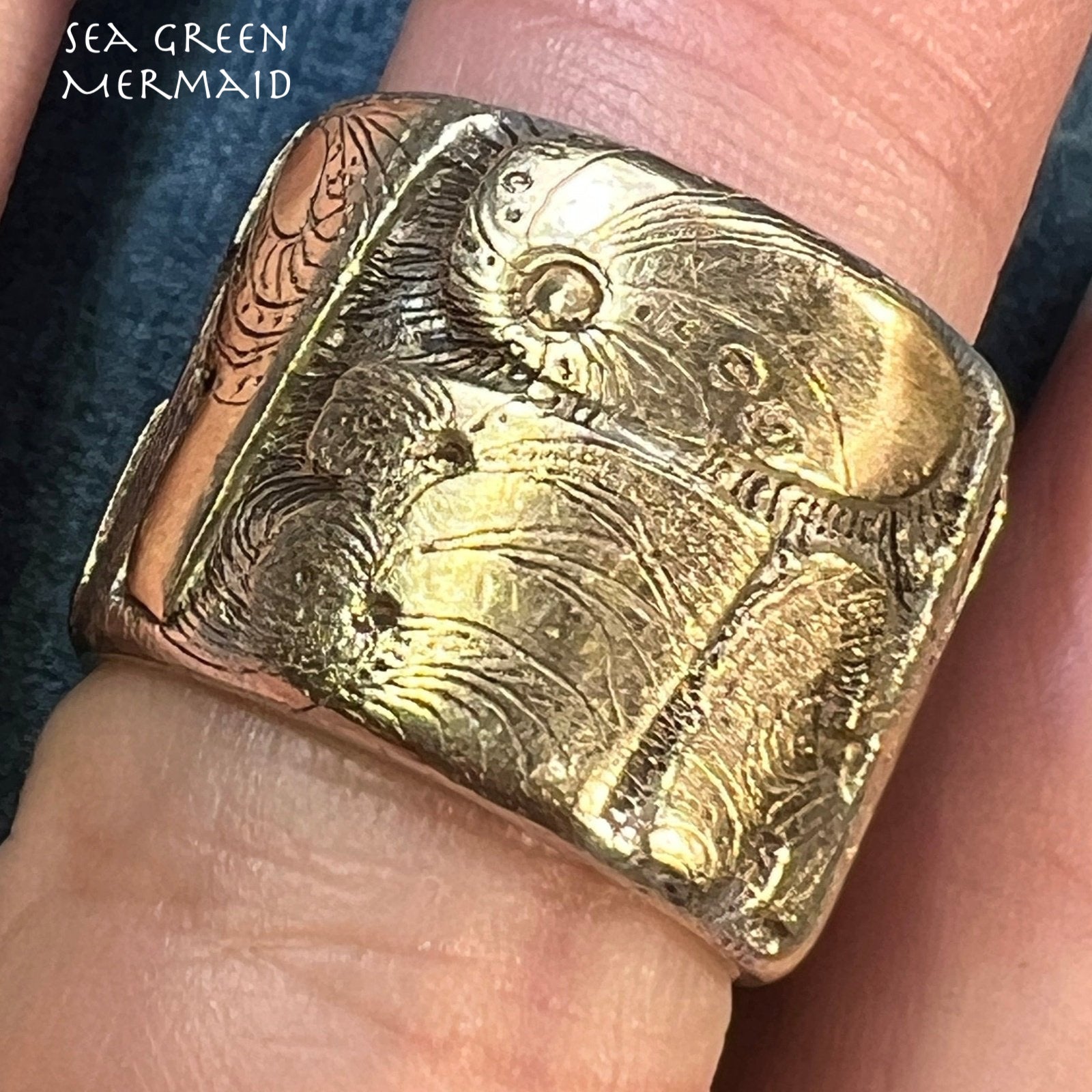 14k Gold RUNES on Silver Wide Artisan Cigar Band Ring. 3/5" + 17g *Video*