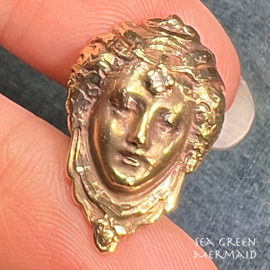 14k Gold Repousse Goddess Face Pendant w Diamond. Art Nouveau
