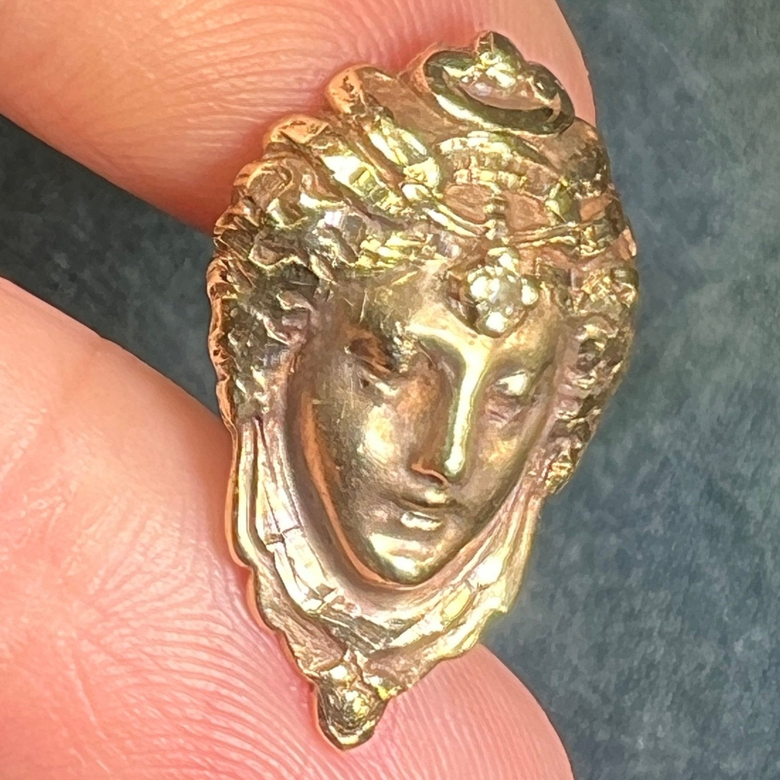 14k Gold Repousse Goddess Face Pendant w Diamond. Art Nouveau