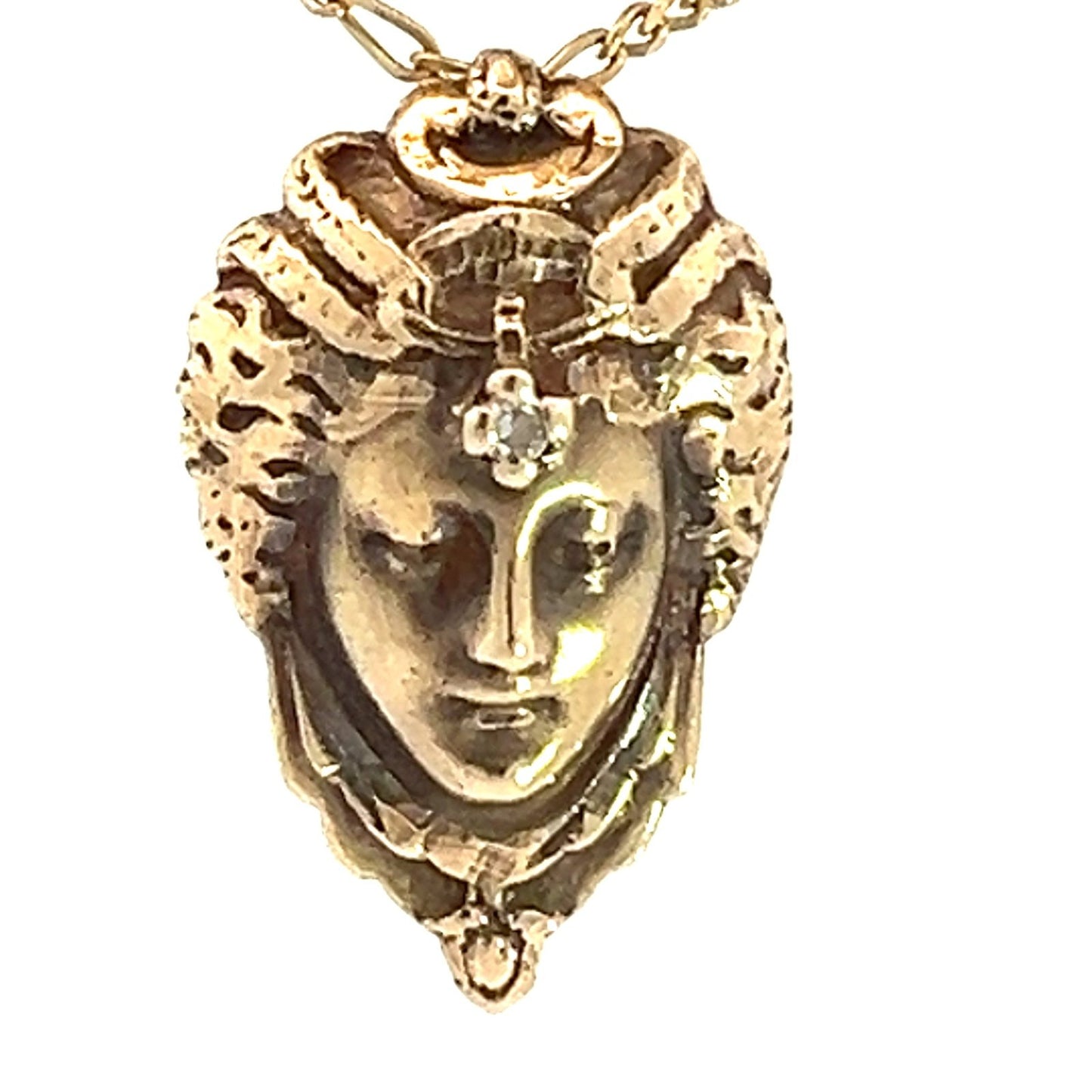 14k Gold Repousse Goddess Face Pendant w Diamond. Art Nouveau