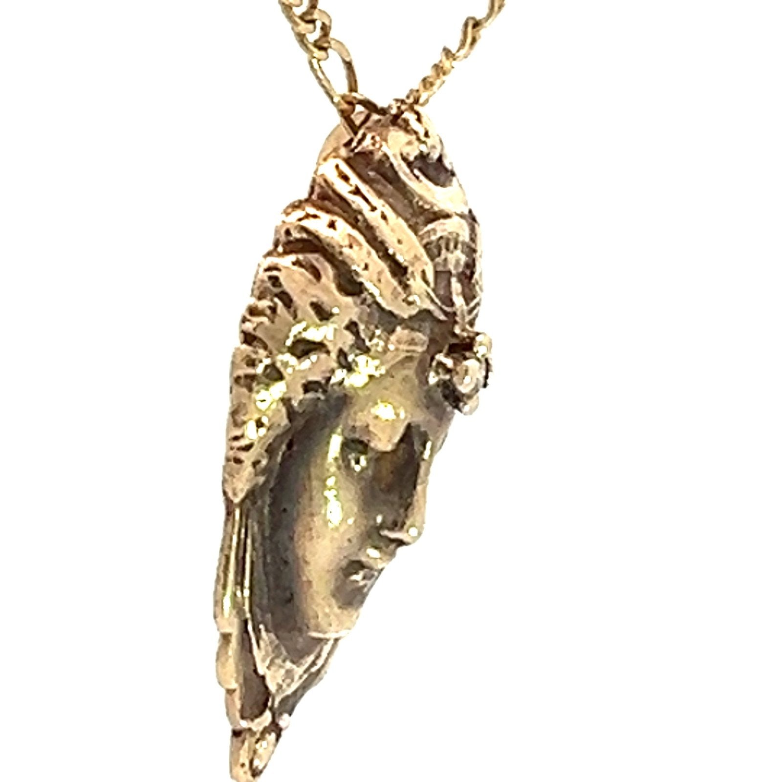 14k Gold Repousse Goddess Face Pendant w Diamond. Art Nouveau