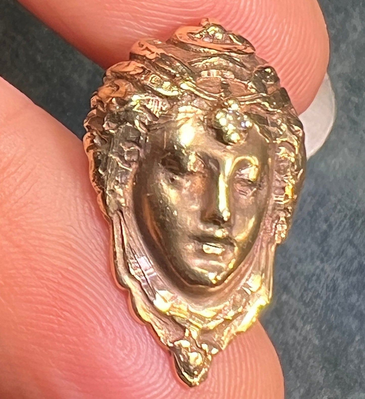 14k Gold Repousse Goddess Face Pendant w Diamond. Art Nouveau