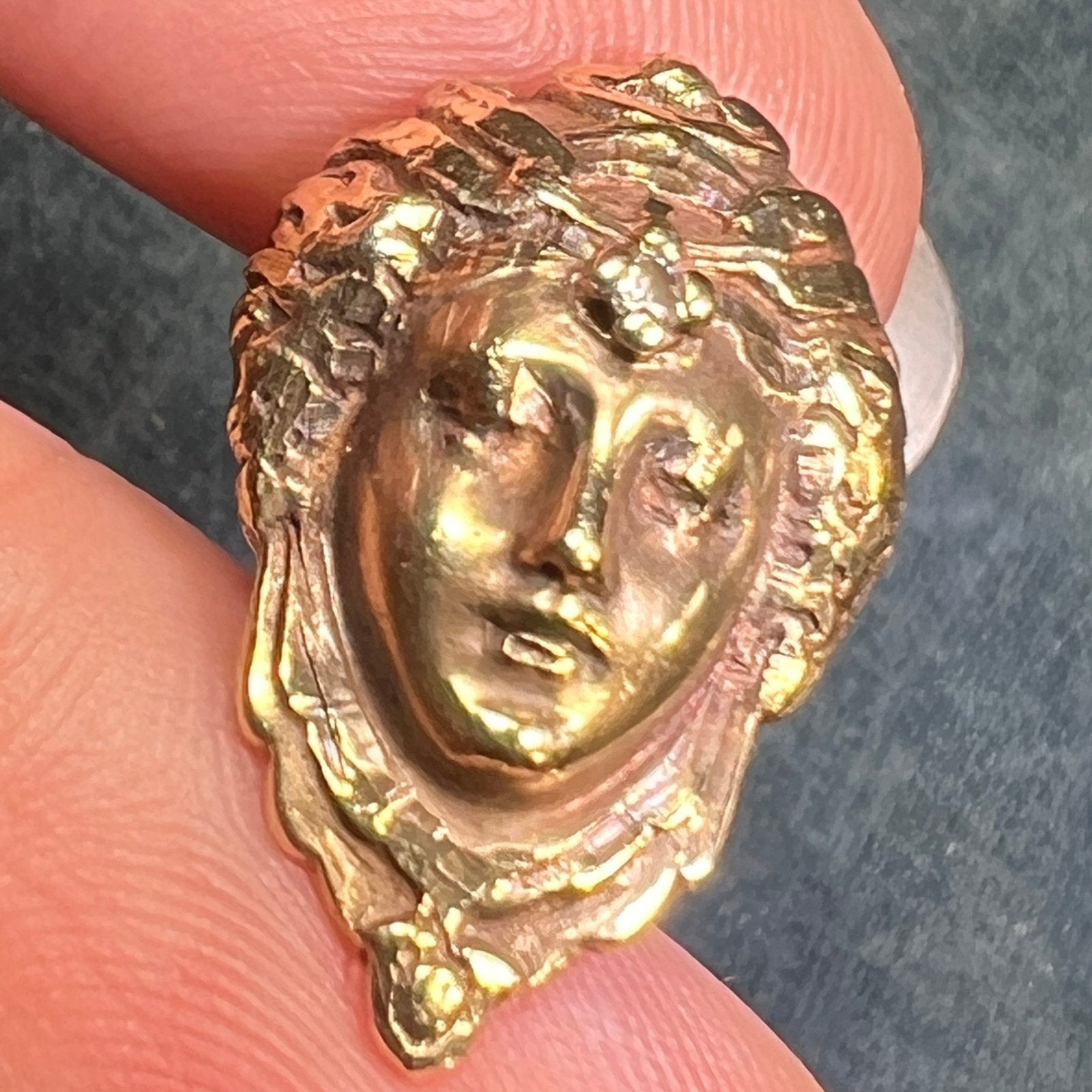 14k Gold Repousse Goddess Face Pendant w Diamond. Art Nouveau