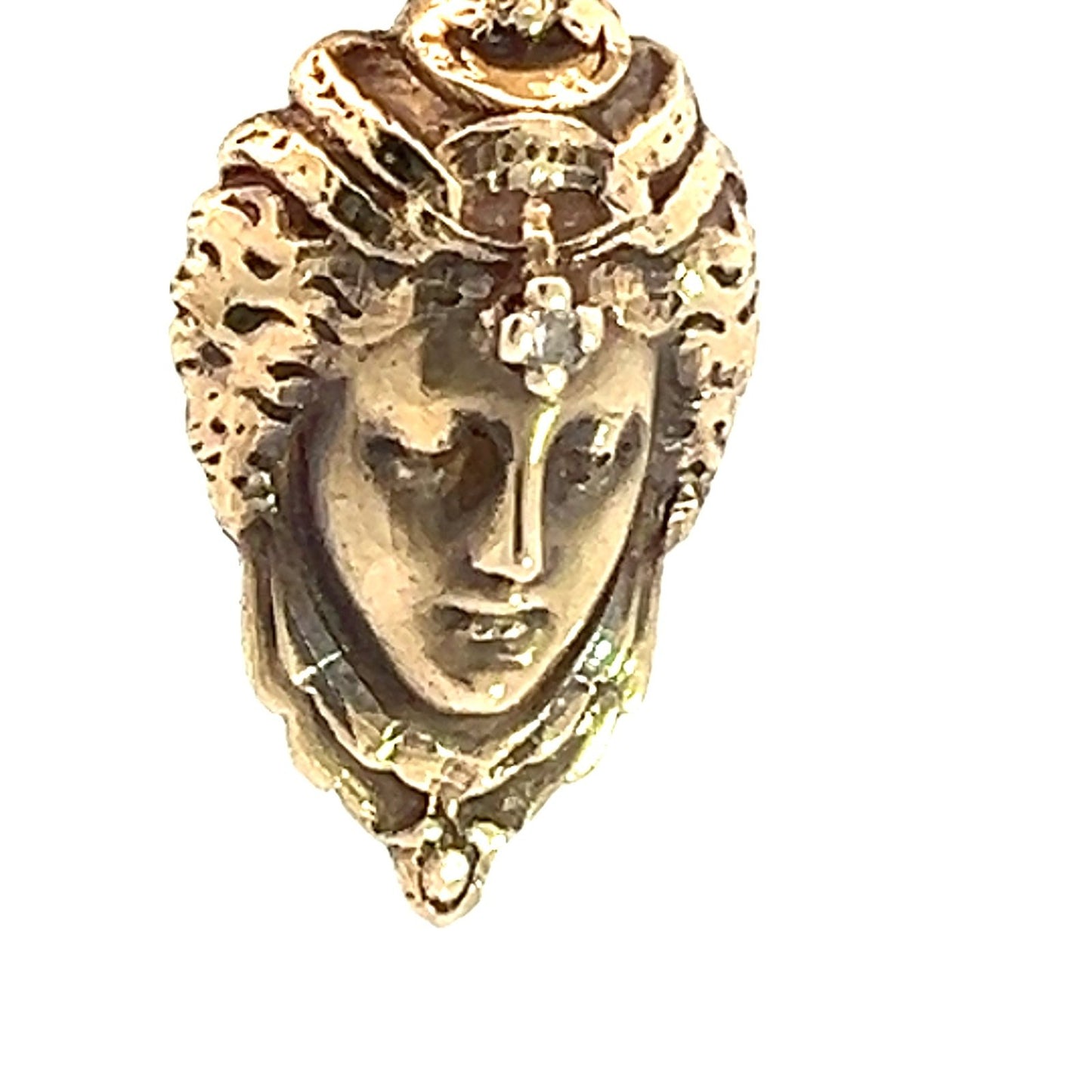 14k Gold Repousse Goddess Face Pendant w Diamond. Art Nouveau