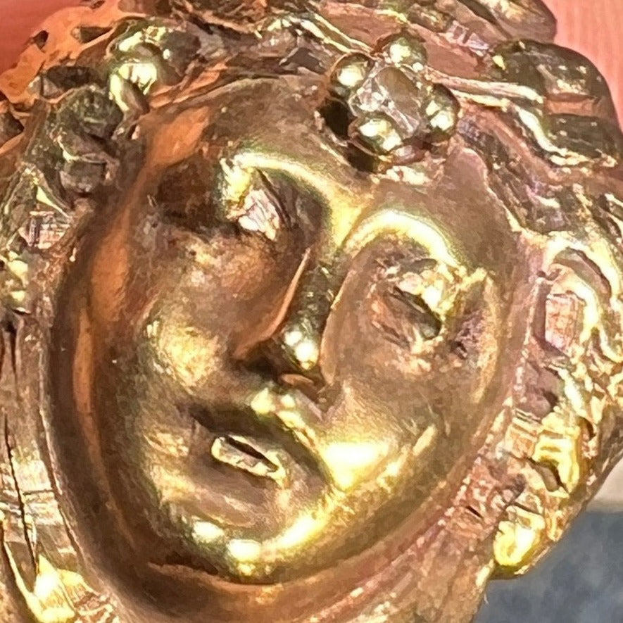 14k Gold Repousse Goddess Face Pendant w Diamond. Art Nouveau