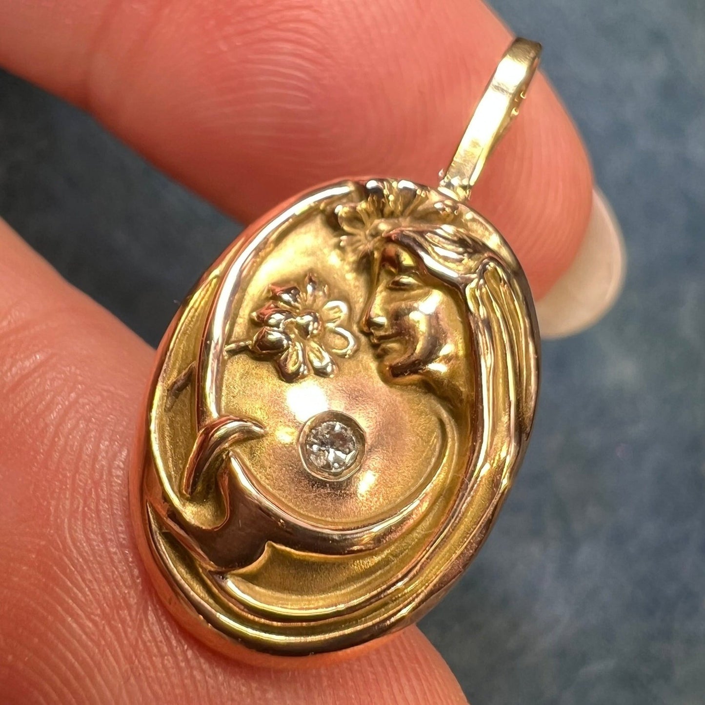 14k Gold Repousse Maiden w Flowers Diamond Pendant. Art Nouveau