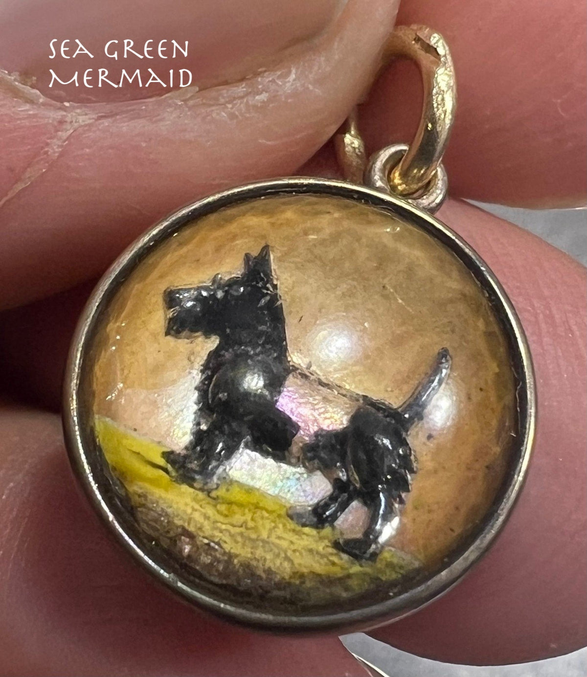 14k Gold Reverse Painted Essex Crystal Scottie Dog BUBBLE Pendant