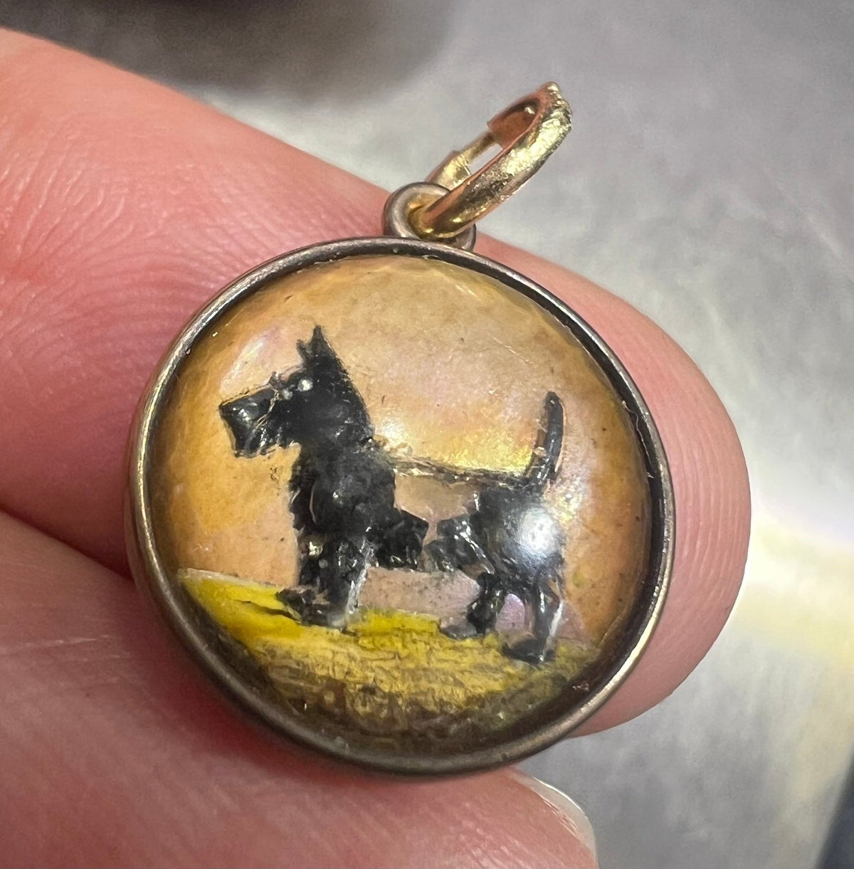 14k Gold Reverse Painted Essex Crystal Scotty Dog BUBBLE Pendant