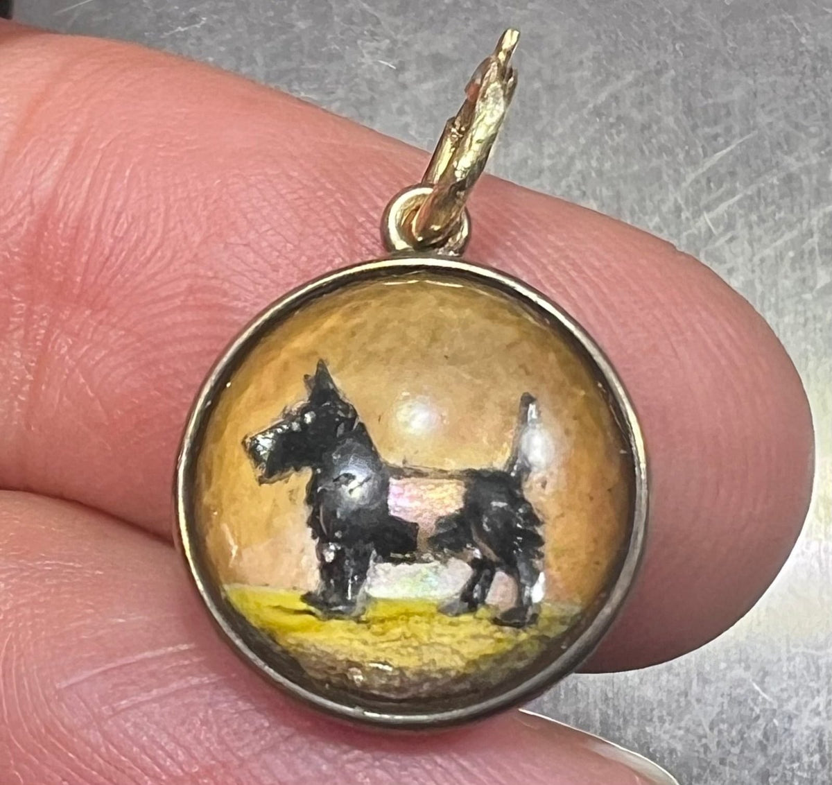 14k Gold Reverse Painted Essex Crystal Scotty Dog BUBBLE Pendant