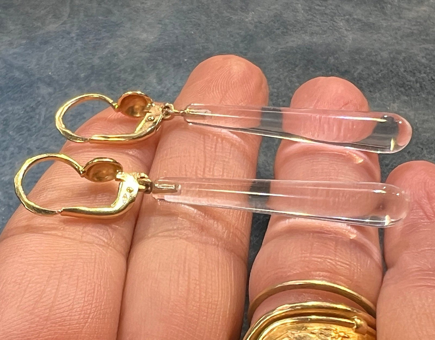 14k Gold Rock Crystal Antique Baton Drop Leverback Earrings. 2"
