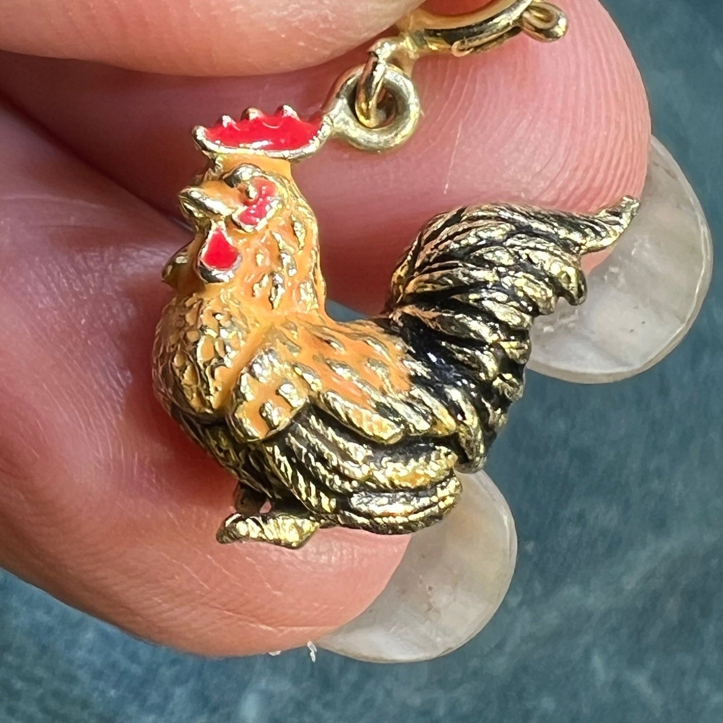 14k Gold Rooster Cock Pendant w Colorful Enamel Feathers. 3-D