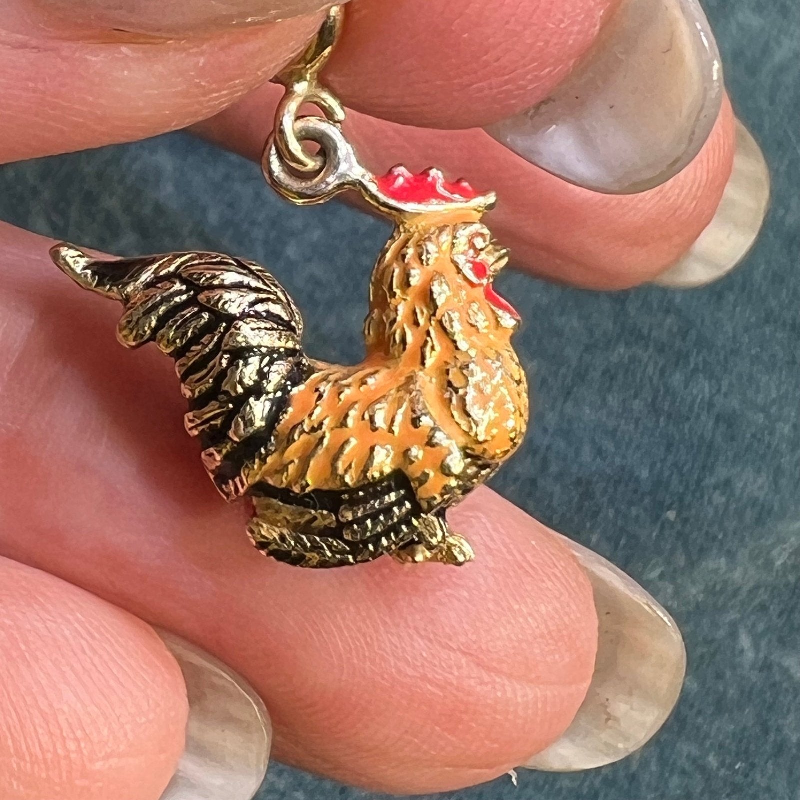 14k Gold Rooster Cock Pendant w Colorful Enamel Feathers. 3-D