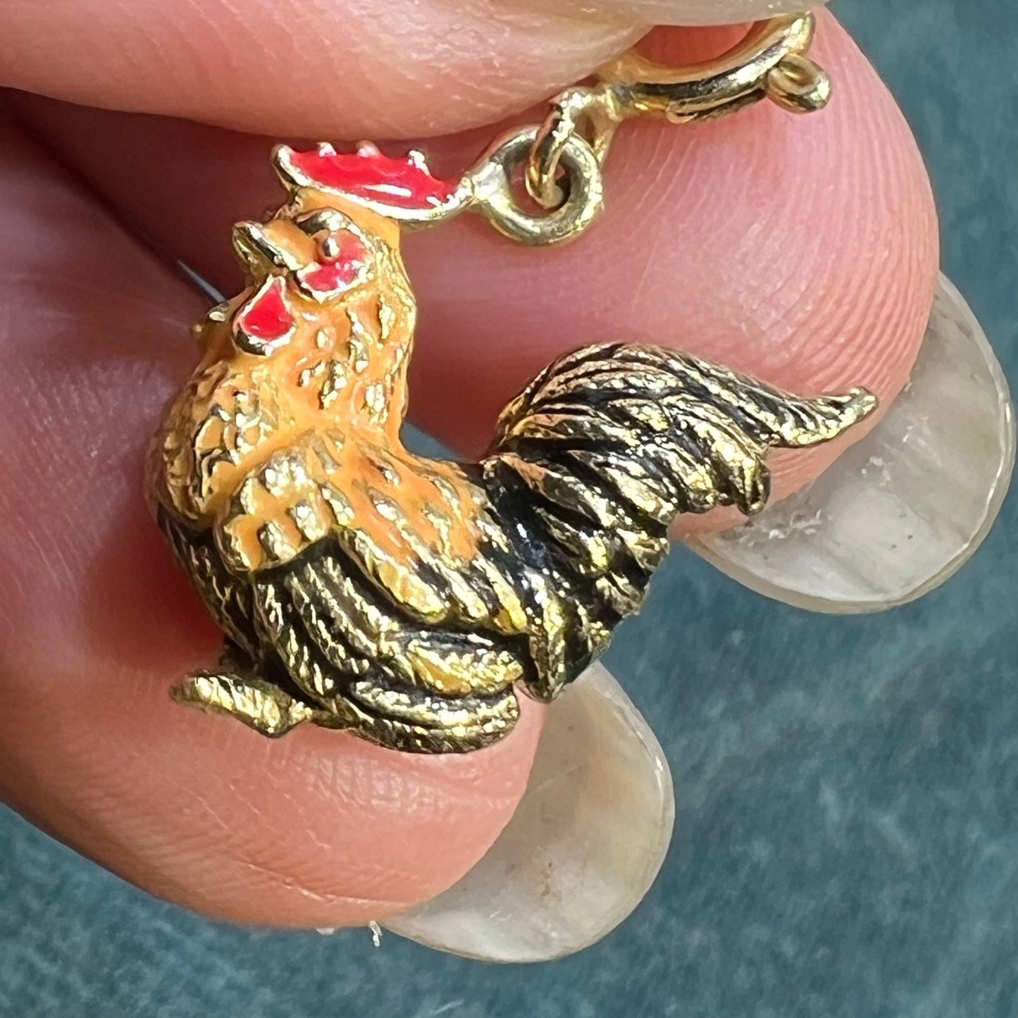 14k Gold Rooster Cock Pendant w Colorful Enamel Feathers. 3-D