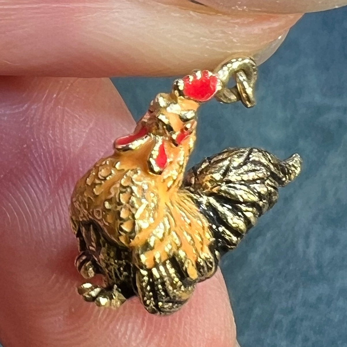 14k Gold Rooster Cock Pendant w Colorful Enamel Feathers. 3-D