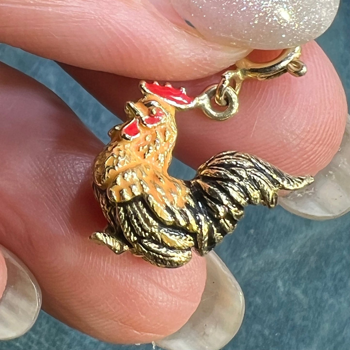 14k Gold Rooster Cock Pendant w Colorful Enamel Feathers. 3-D