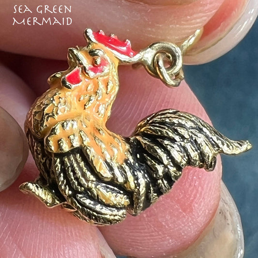 14k Gold Rooster Cock Pendant w Colorful Enamel Feathers. 3-D