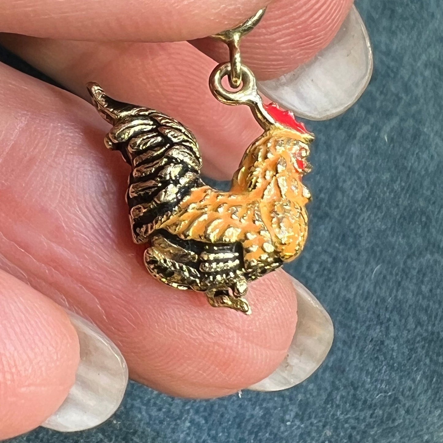 14k Gold Rooster Cock Pendant w Colorful Enamel Feathers. 3-D