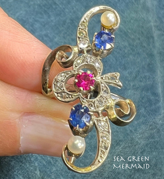 14k Gold Rose-Cut Diamond + Sapphire Silver-Top Ring. Victorian 1.3"