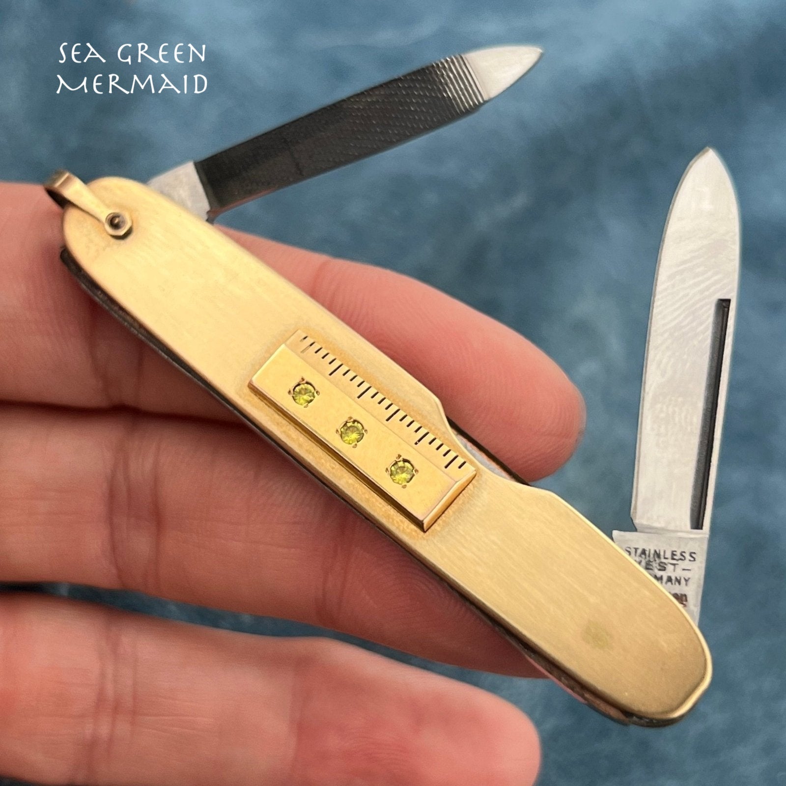 14k Gold Ruler on GF Folding Pocket Knife. Steel Blade + File