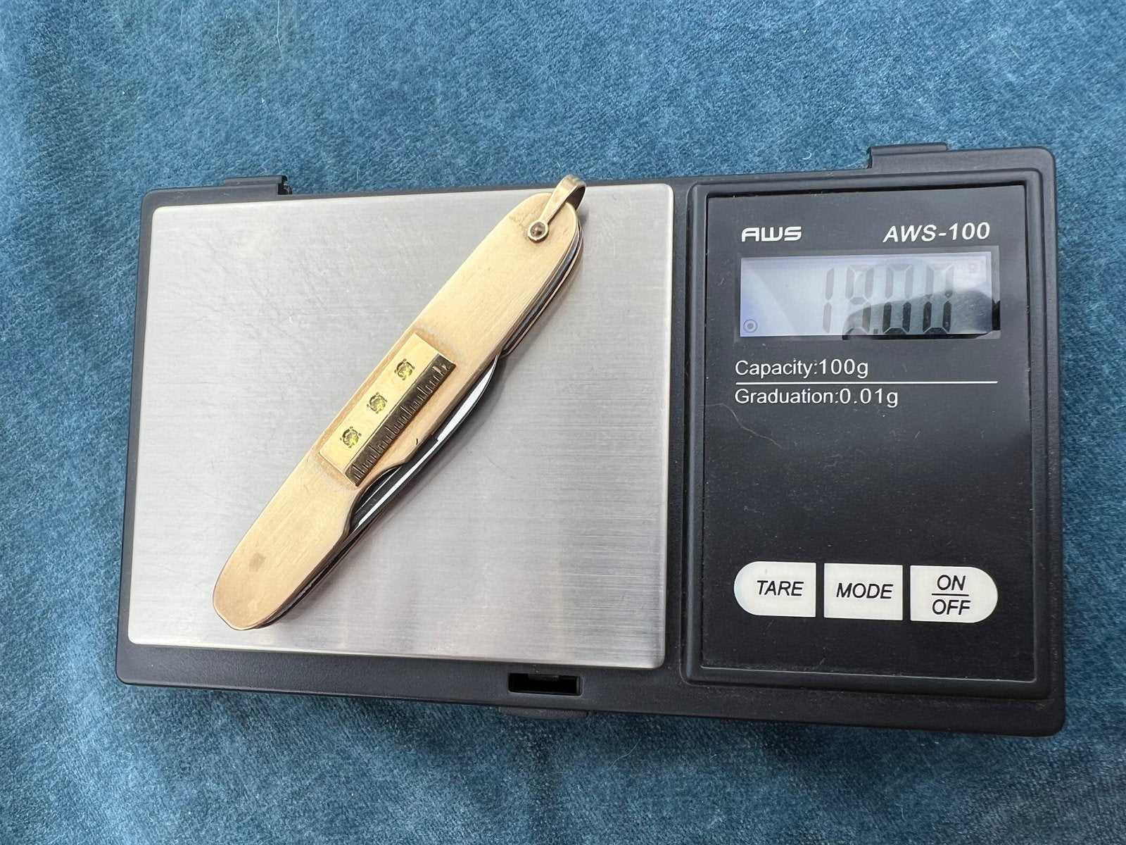 14k Gold Ruler on GF Folding Pocket Knife. Steel Blade + File