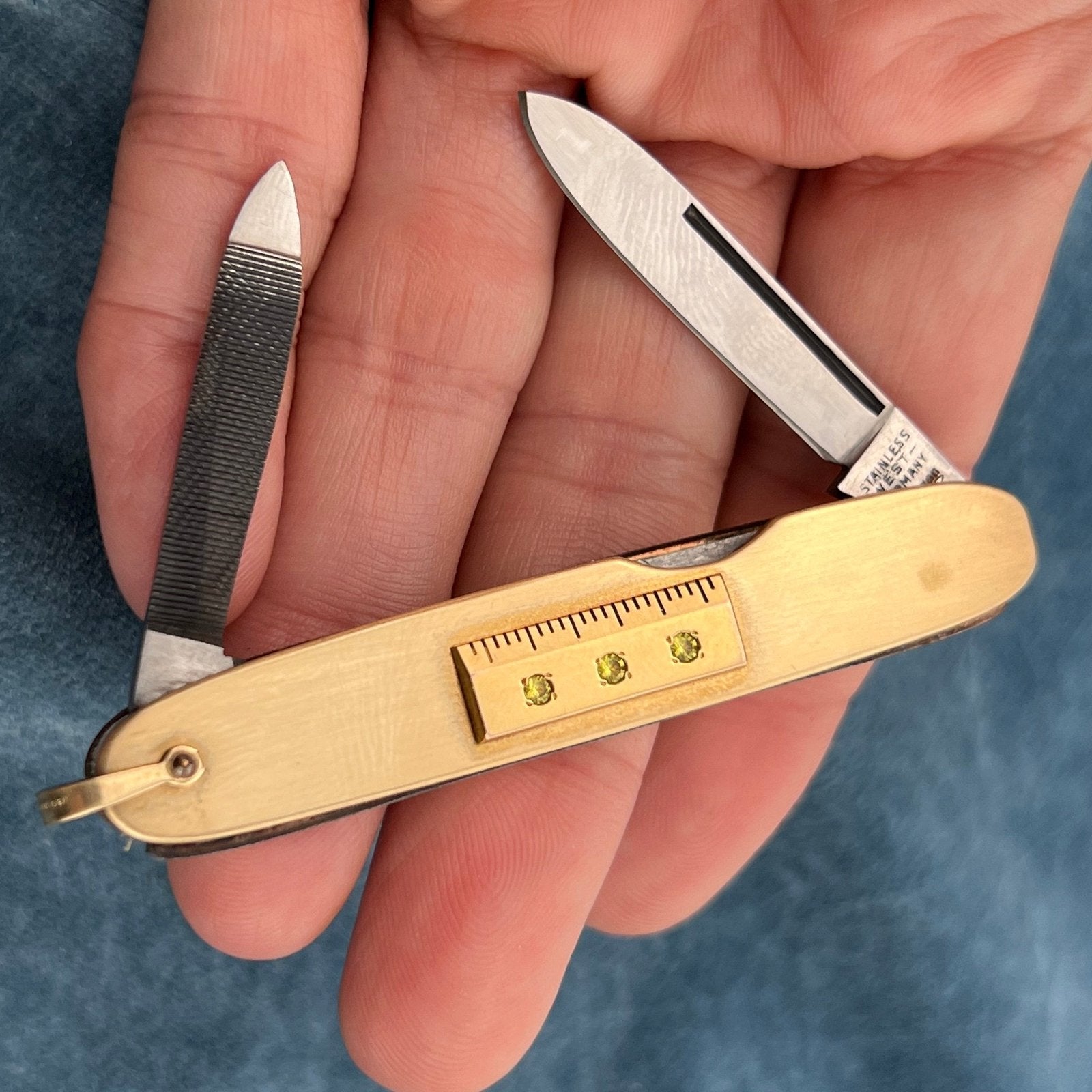 14k Gold Ruler on GF Folding Pocket Knife. Steel Blade + File