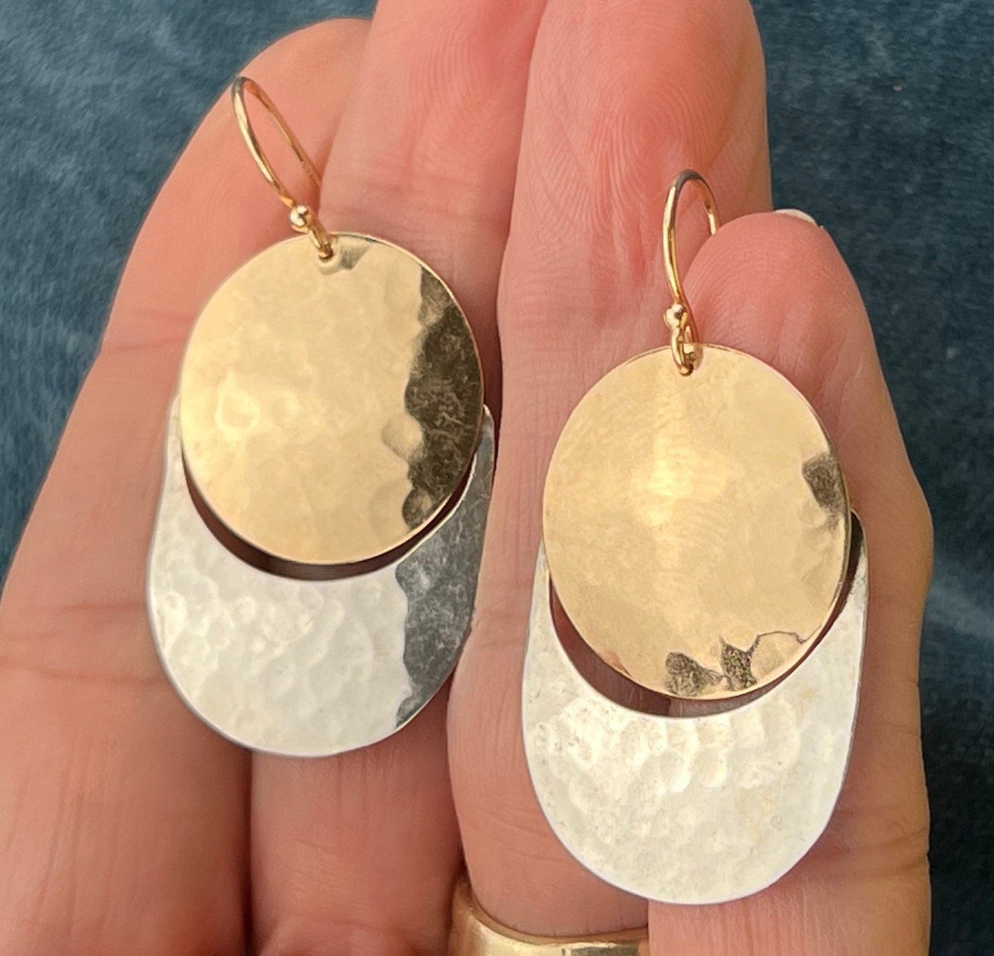 14k Gold + Silver James Avery Modernist Hammered Earrings. 1.5" + 5g Kinetic!