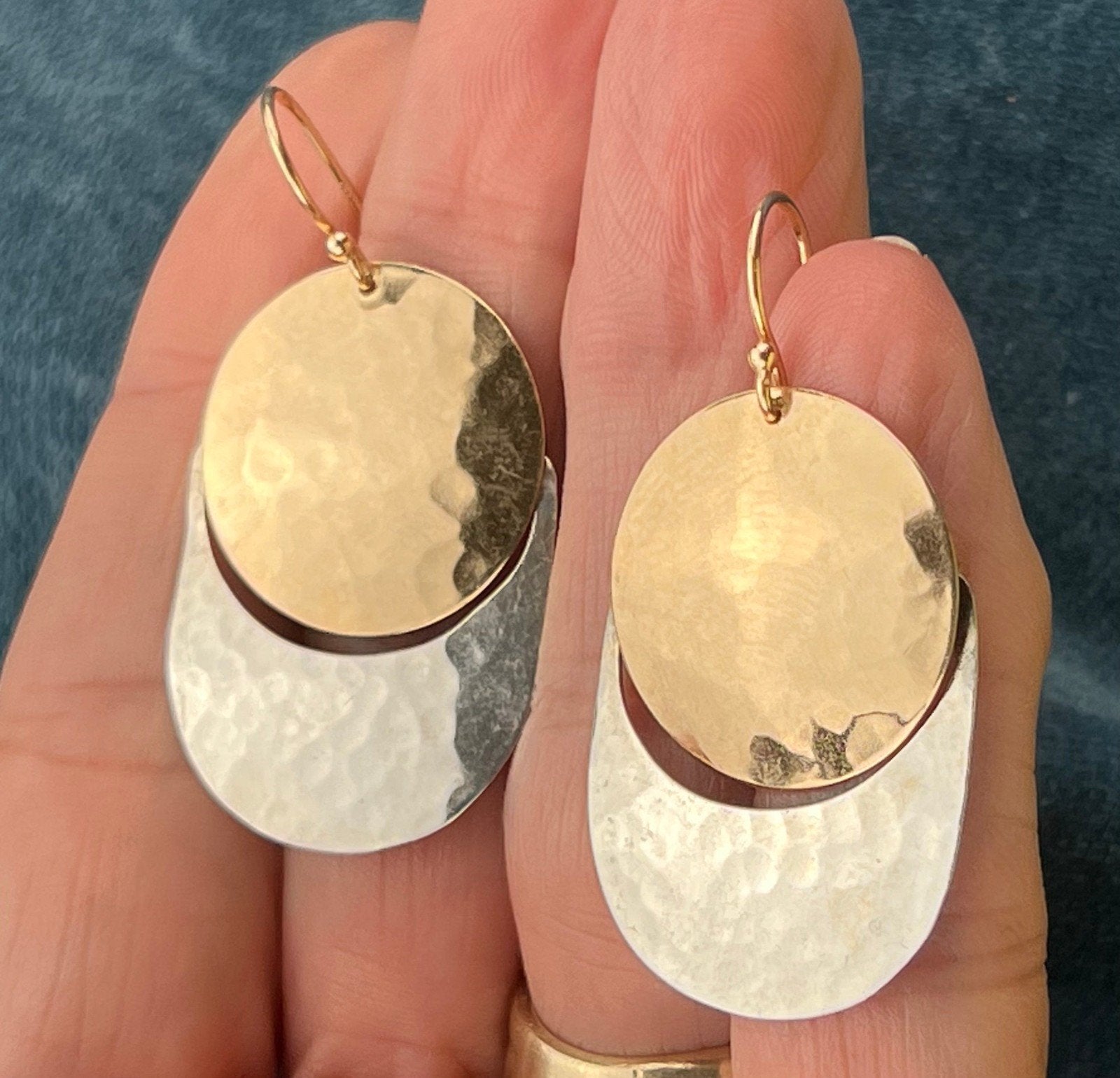 14k Gold + Silver James Avery Modernist Hammered Earrings. 1.5" + 5g Kinetic!