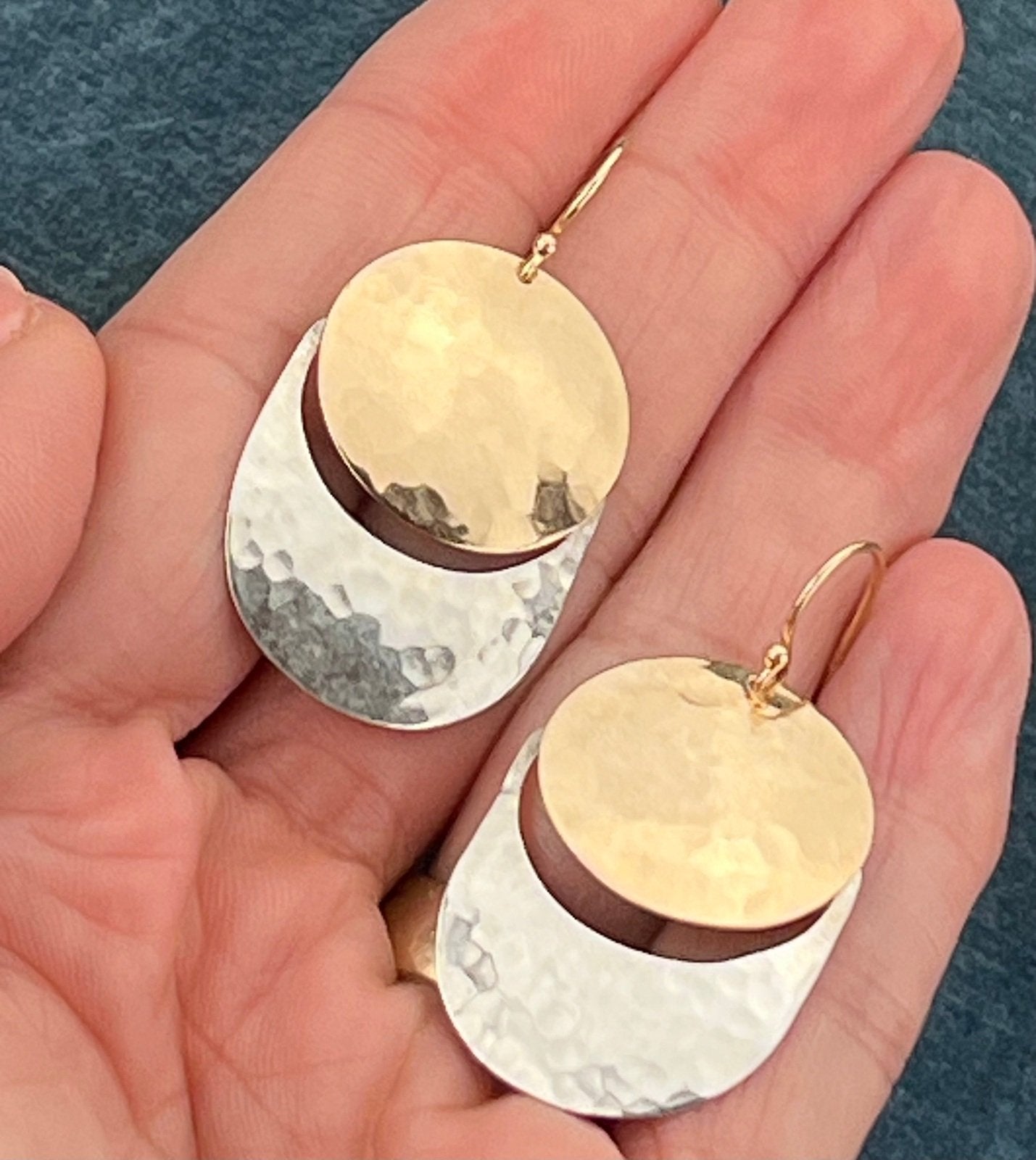 14k Gold + Silver James Avery Modernist Hammered Earrings. 1.5" + 5g Kinetic!